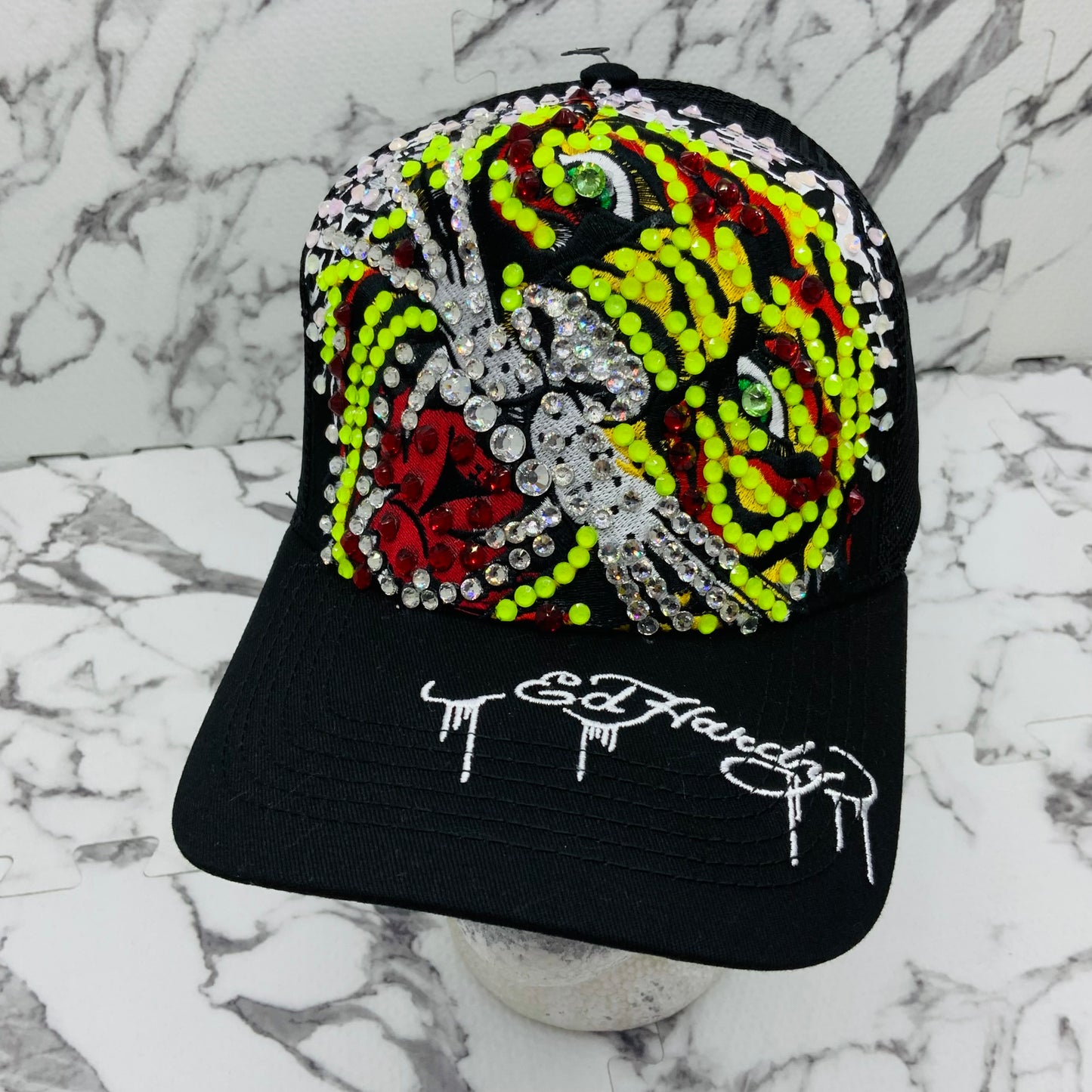 Men's Ed Hardy Tiger Black | Lime Green | Red Rhinestone Trucker Hat NWT