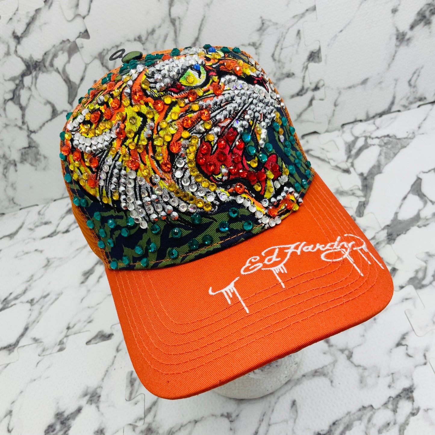 Men's Ed Hardy Tiger Orange | Multicolor Rhinestone Trucker Hat NWT
