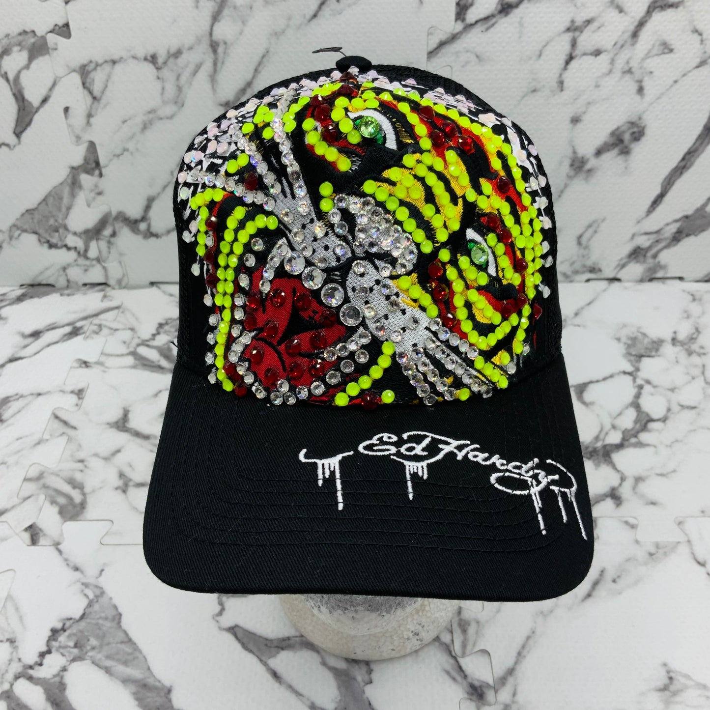 Men's Ed Hardy Tiger Black | Lime Green | Red Rhinestone Trucker Hat NWT