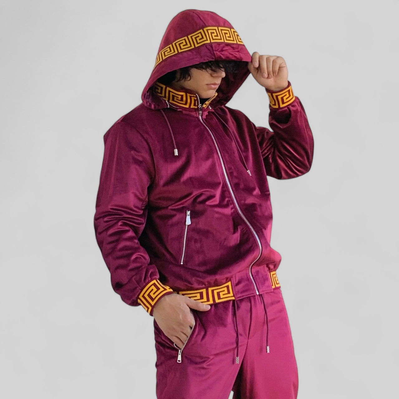 Men’s Manzini Burgundy | Gold Velvet Hooded Causal Tracksuits Outfits Sets NWT