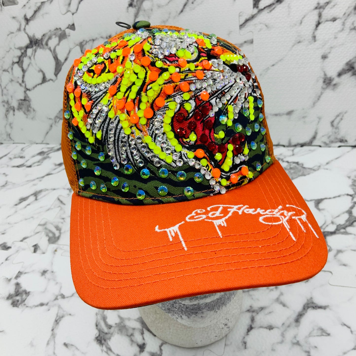 Men's Ed Hardy Tiger Orange | Multicolor Rhinestone Trucker Hat NWT