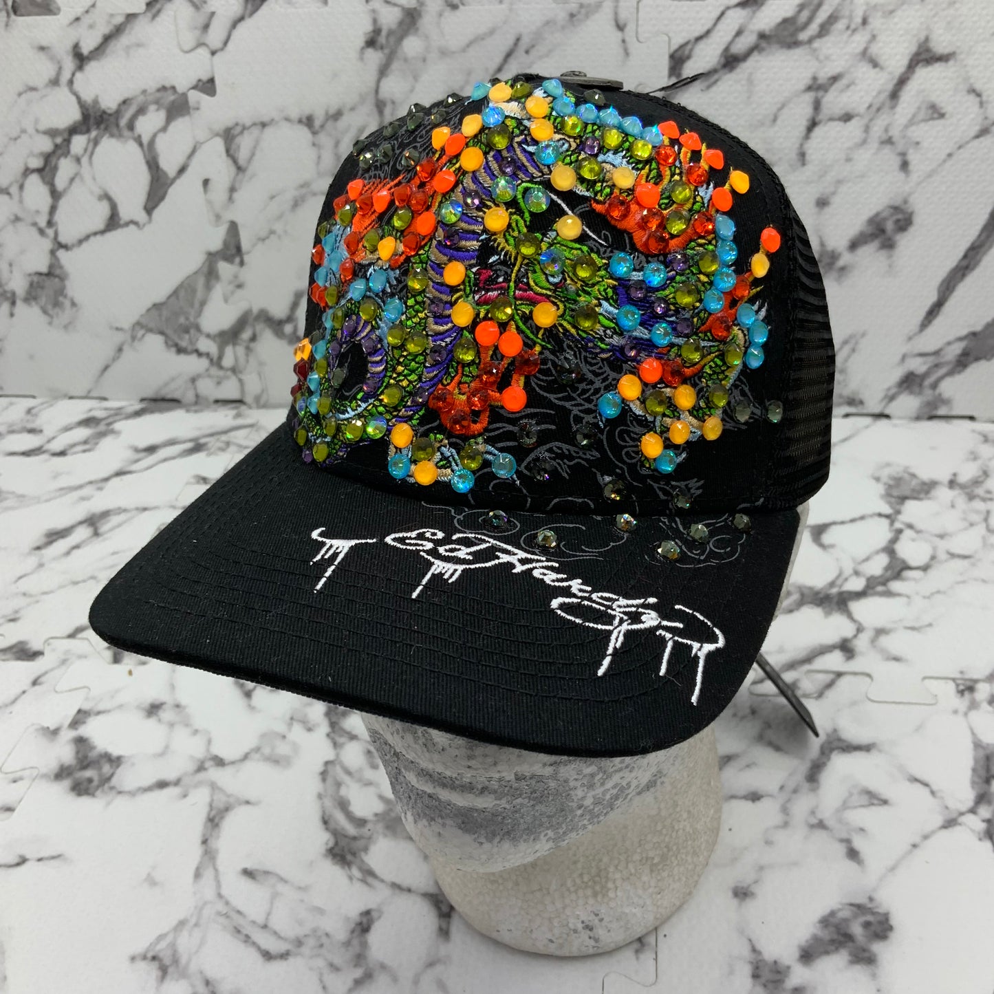 Men's Ed Hardy Dragons Black | Multicolor Rhinestone Trucker Hat NWT