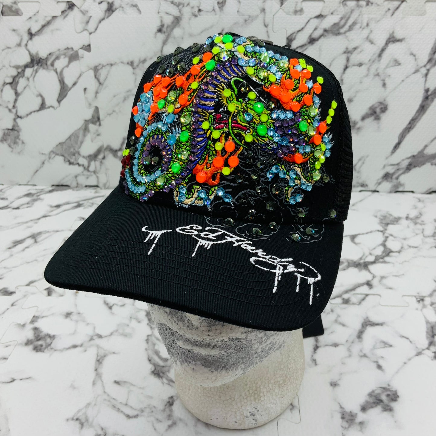 Men's Ed Hardy Dragons Black | Multicolor Rhinestone Trucker Hat NWT