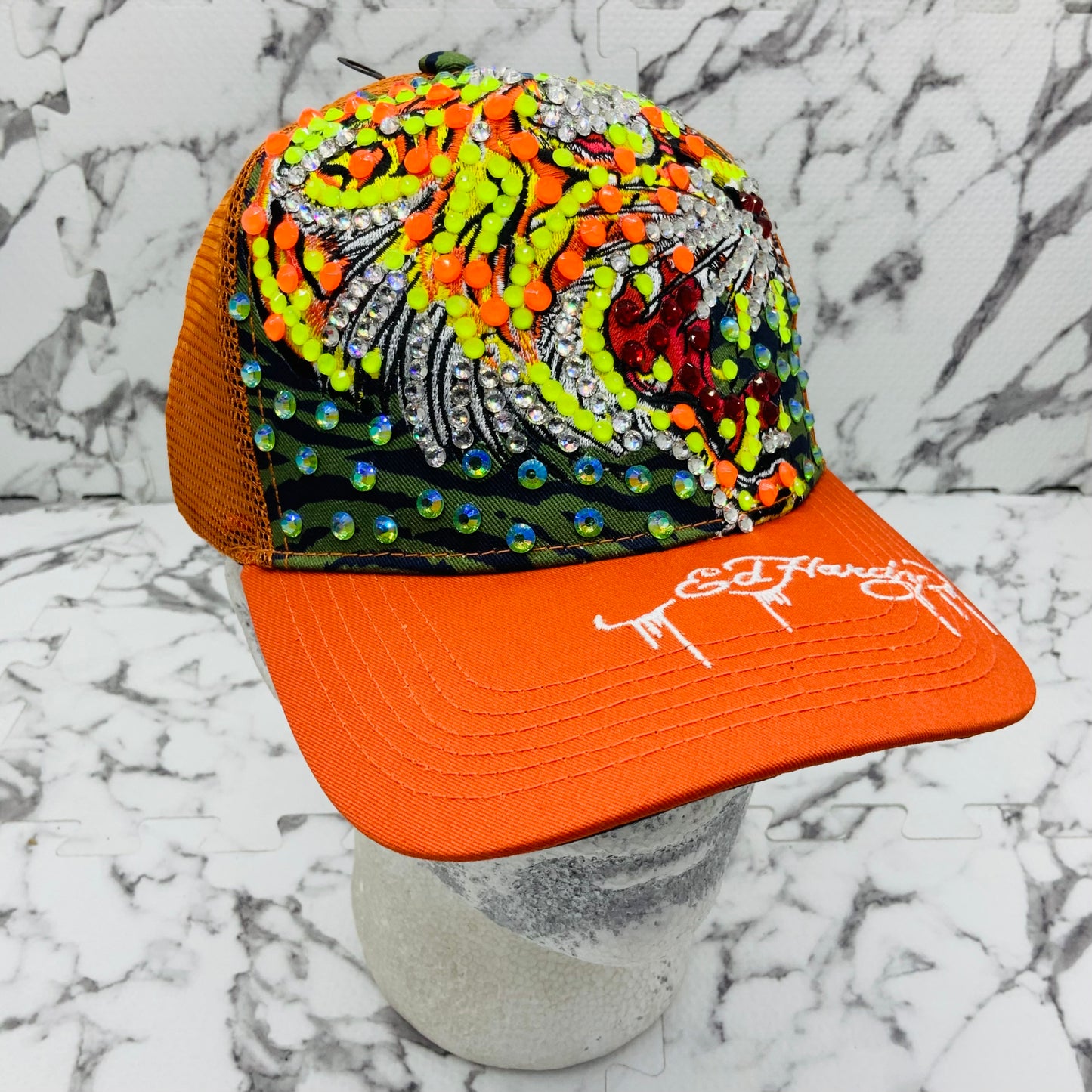 Men's Ed Hardy Tiger Orange | Multicolor Rhinestone Trucker Hat NWT