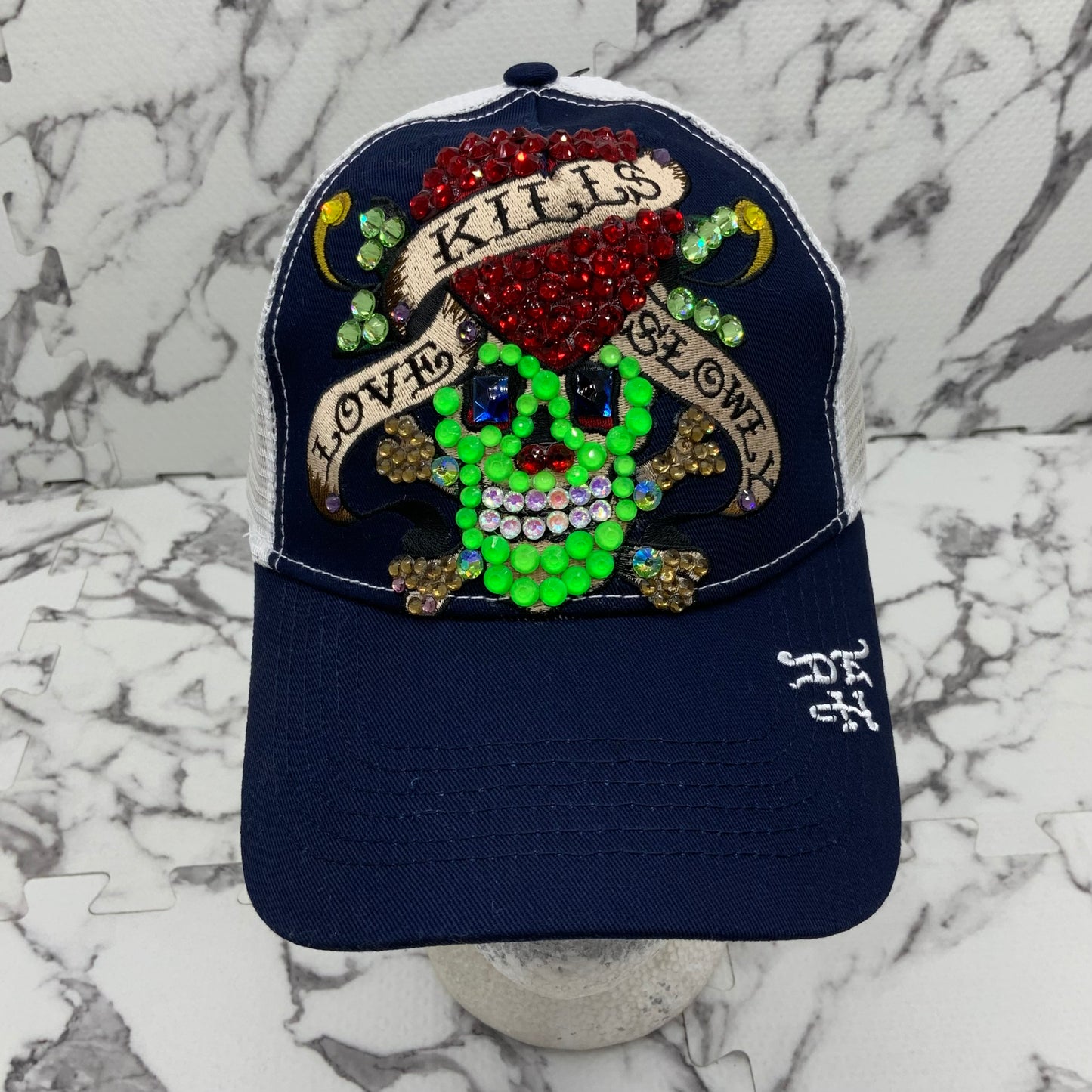 Men's Ed Hardy Love Kills Slowly Navy | White | Lime Green Rhinestone Trucker Hat NWT
