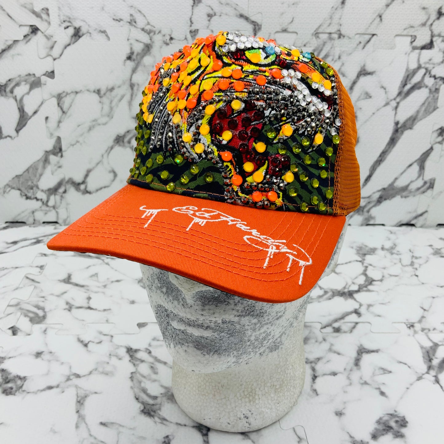 Men's Ed Hardy Tiger Orange | Multicolor Rhinestone Trucker Hat NWT