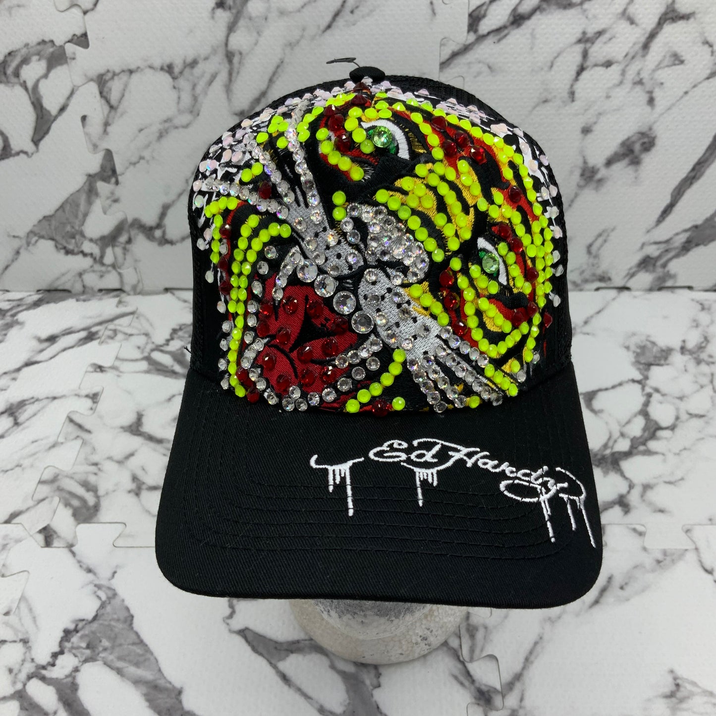 Men's Ed Hardy Tiger Black | Lime Green | Red Rhinestone Trucker Hat NWT