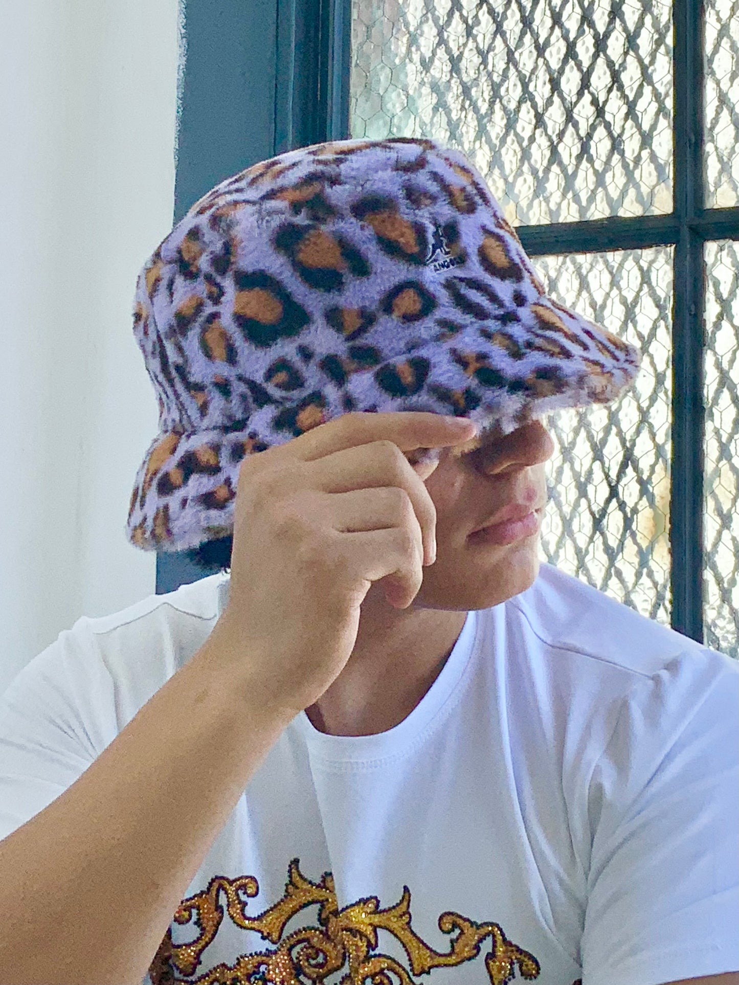 Men's Kangol Lavender Faux Fur Animal Print Bucket Hat NWT
