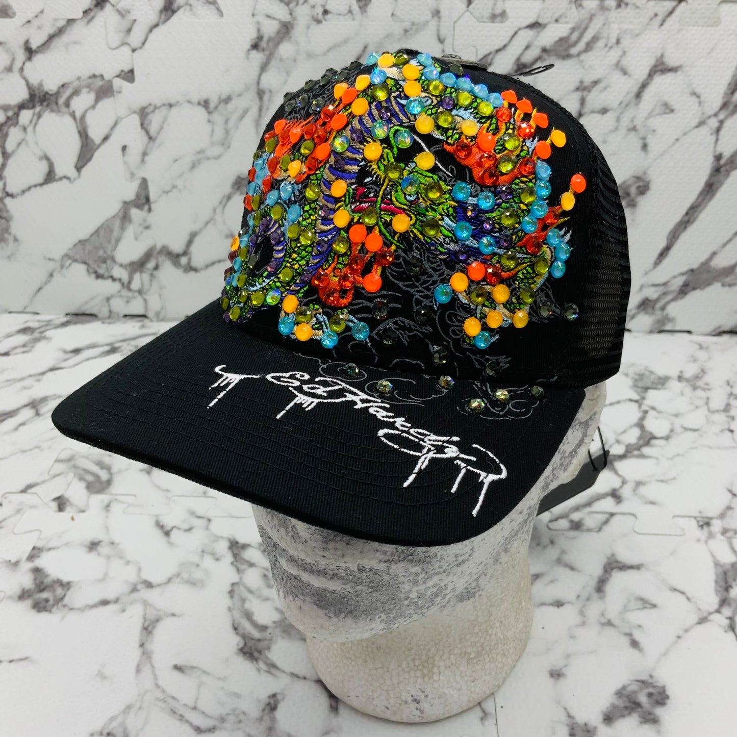 Men's Ed Hardy Dragons Black | Multicolor Rhinestone Trucker Hat NWT