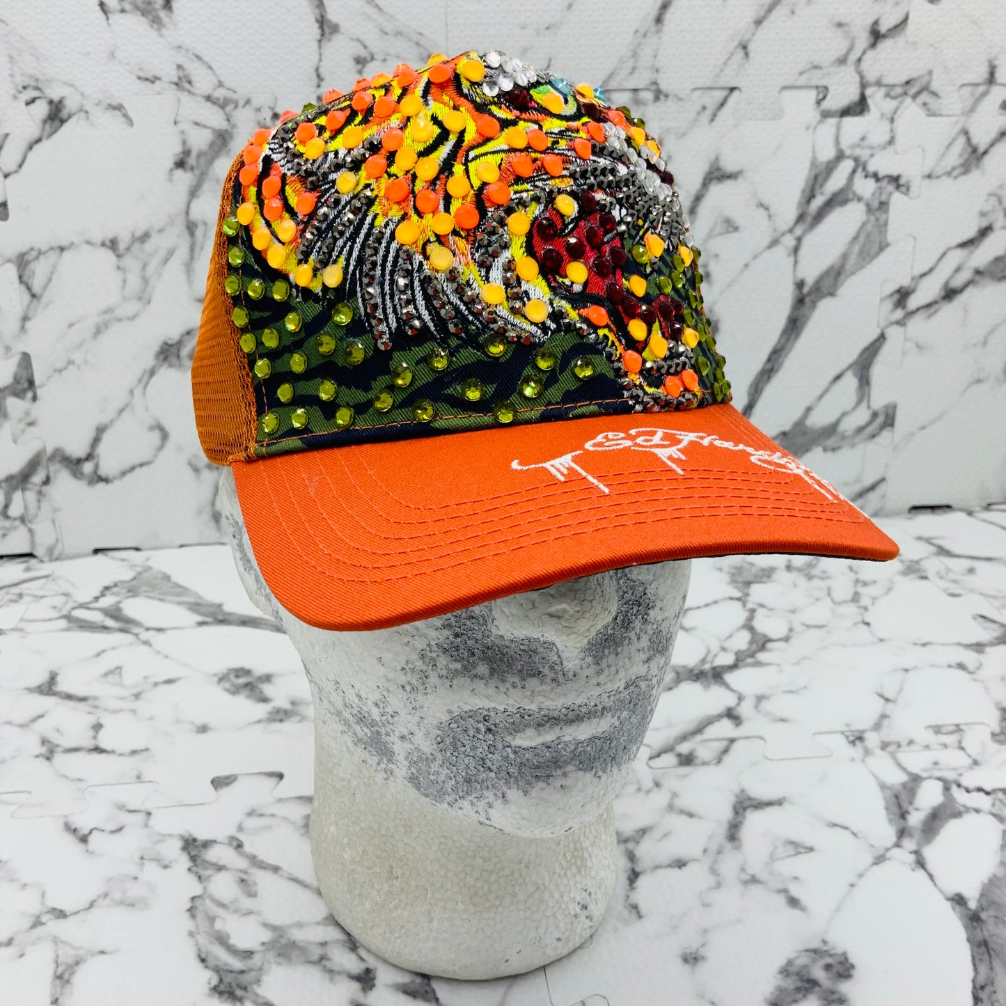 Men's Ed Hardy Tiger Orange | Multicolor Rhinestone Trucker Hat NWT