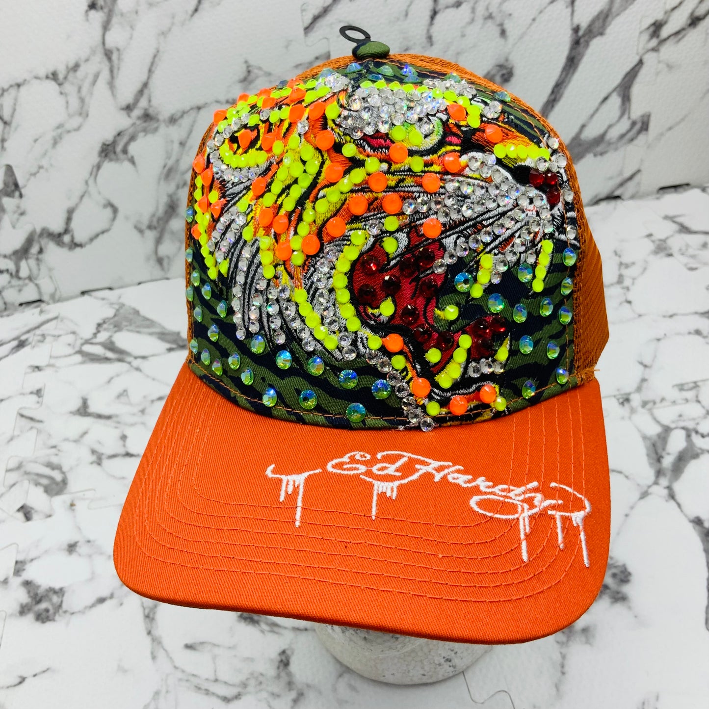 Men's Ed Hardy Tiger Orange | Multicolor Rhinestone Trucker Hat NWT