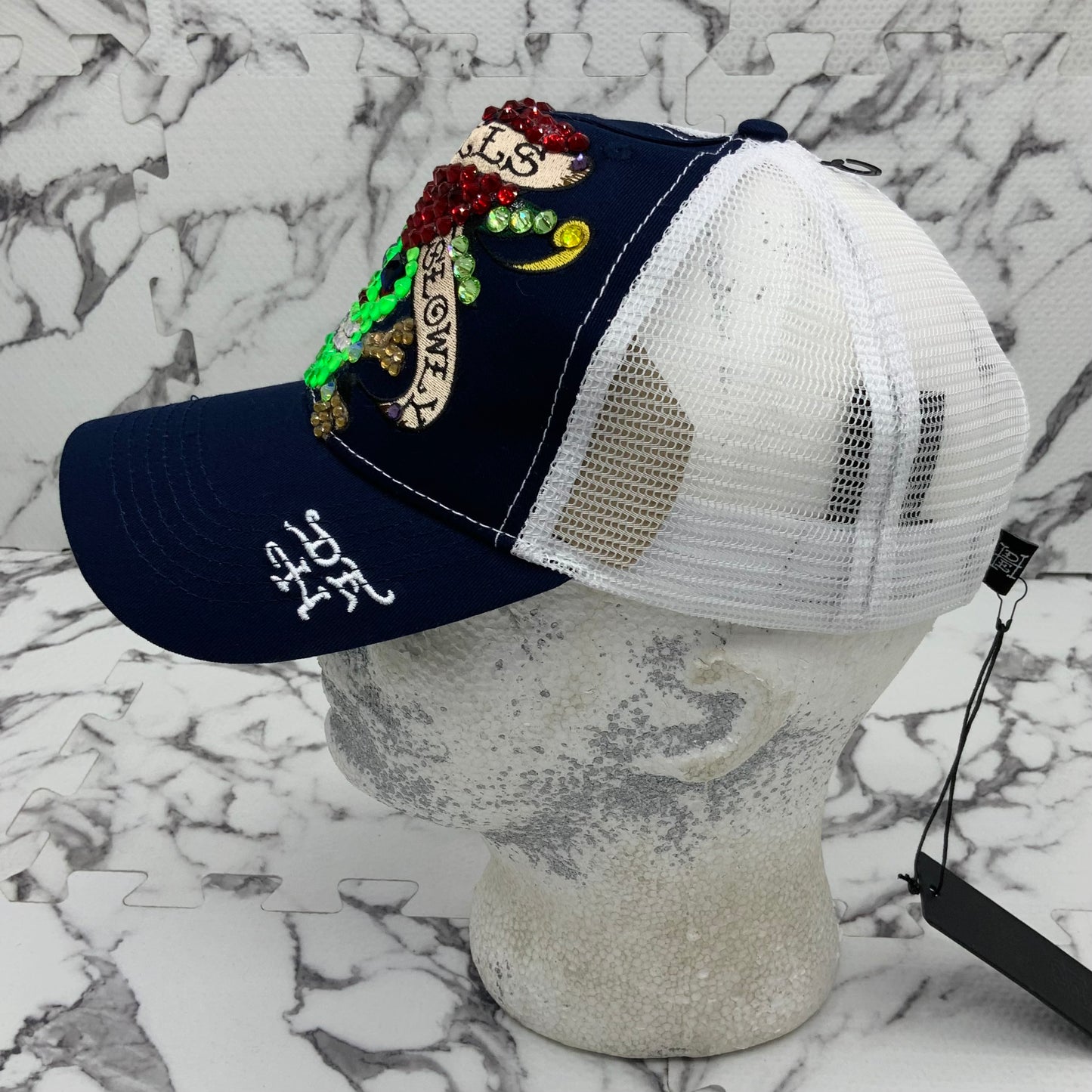 Men's Ed Hardy Love Kills Slowly Navy | White | Lime Green Rhinestone Trucker Hat NWT