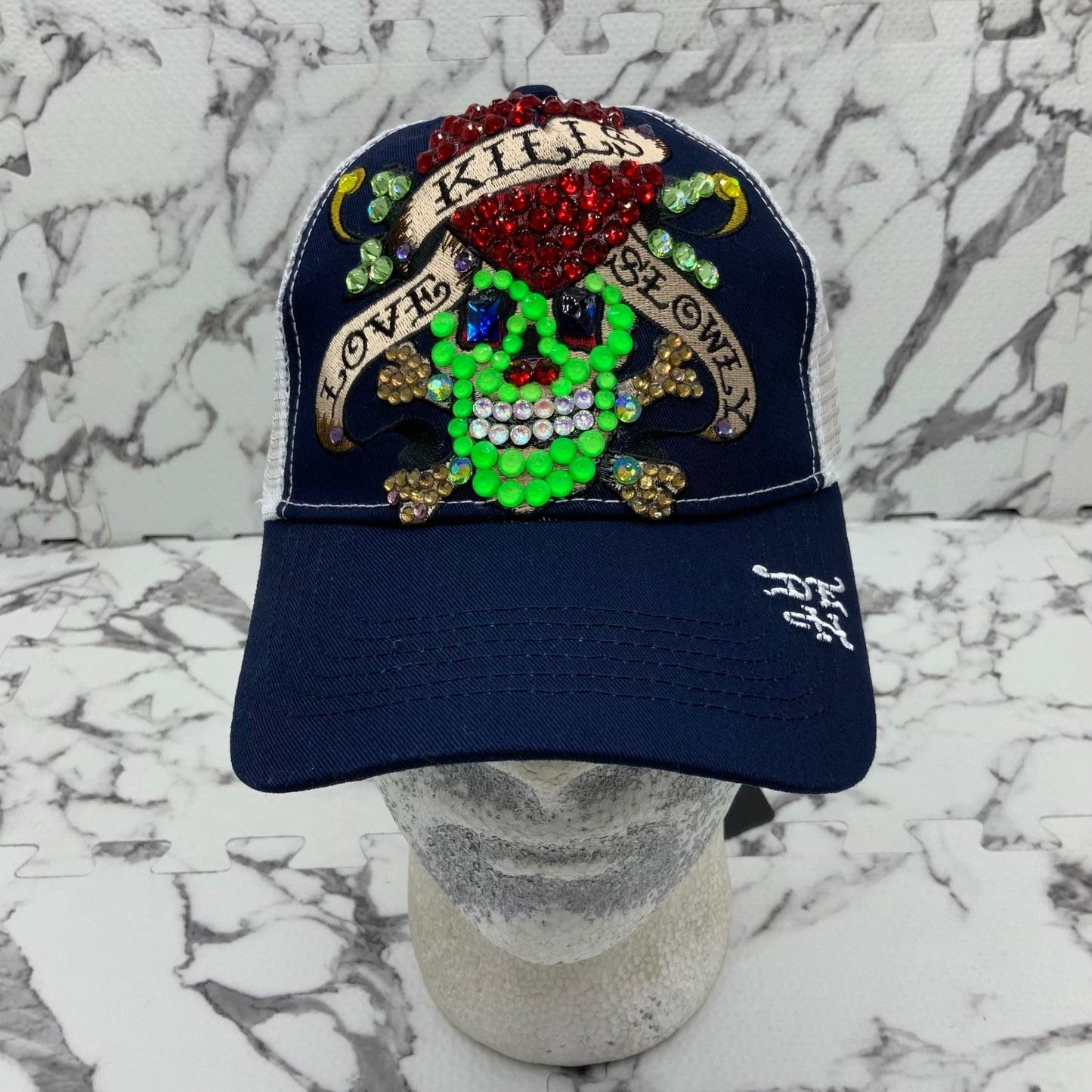 Men's Ed Hardy Love Kills Slowly Navy | White | Lime Green Rhinestone Trucker Hat NWT