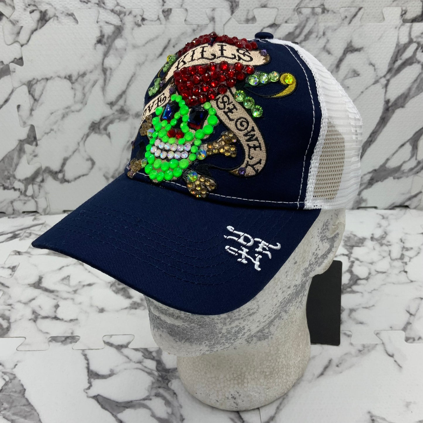 Men's Ed Hardy Love Kills Slowly Navy | White | Lime Green Rhinestone Trucker Hat NWT
