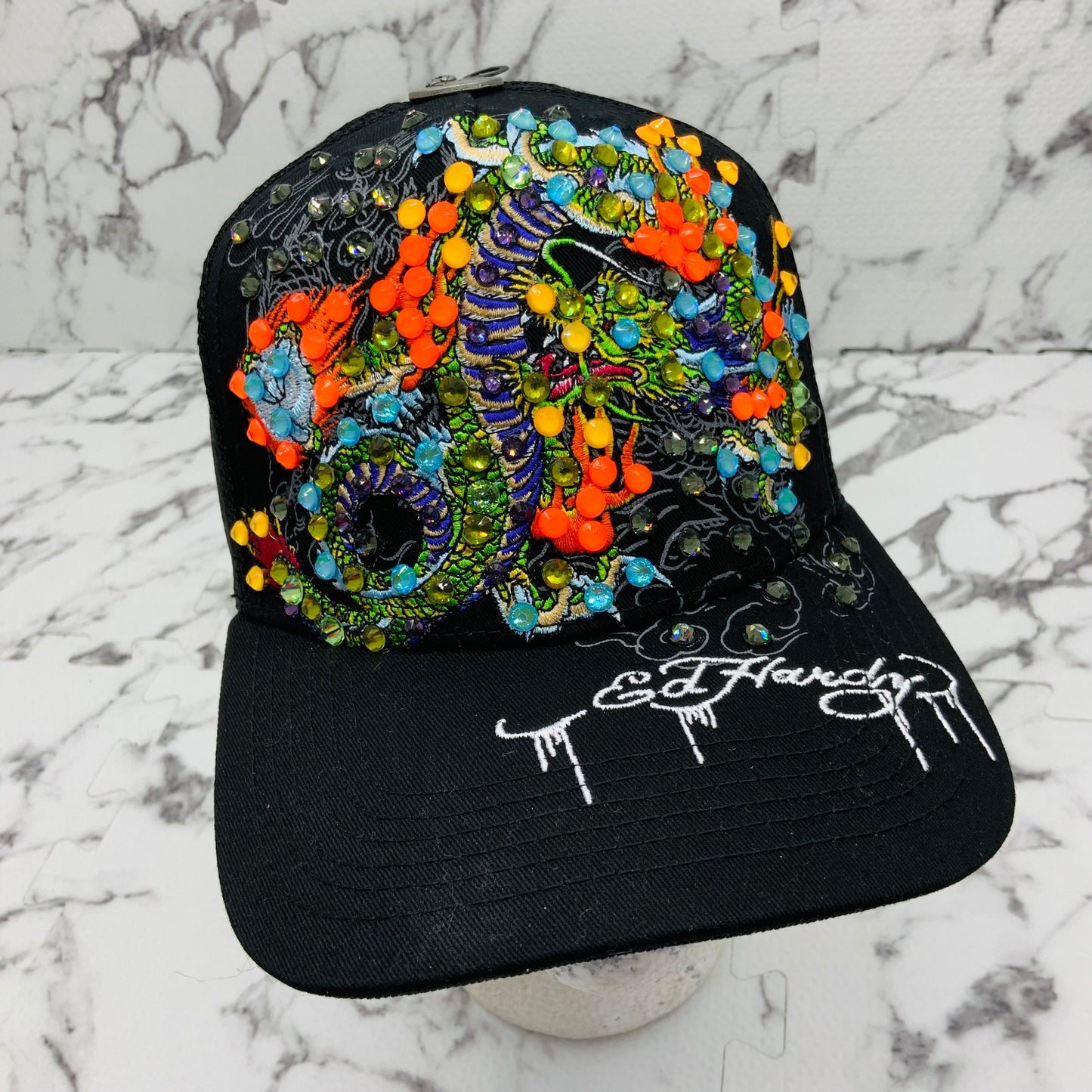 Men's Ed Hardy Dragons Black | Multicolor Rhinestone Trucker Hat NWT