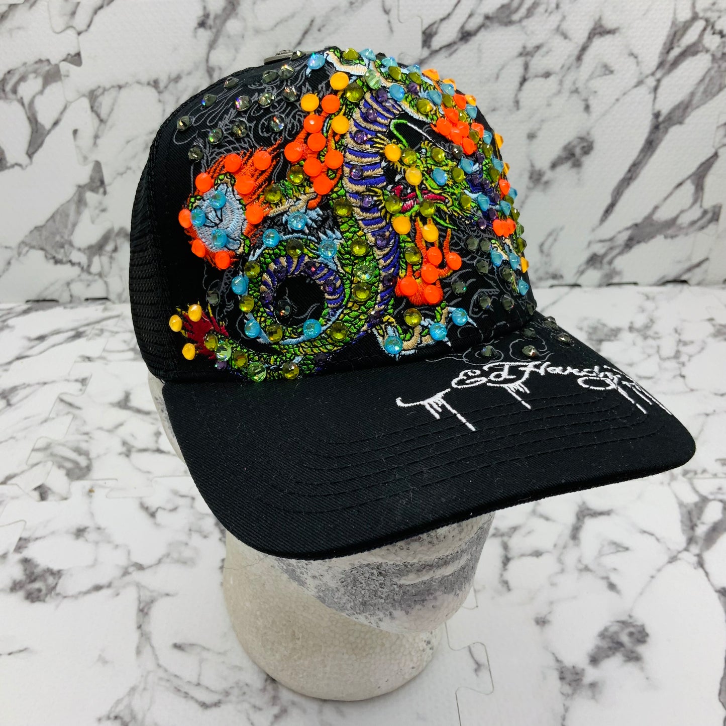 Men's Ed Hardy Dragons Black | Multicolor Rhinestone Trucker Hat NWT