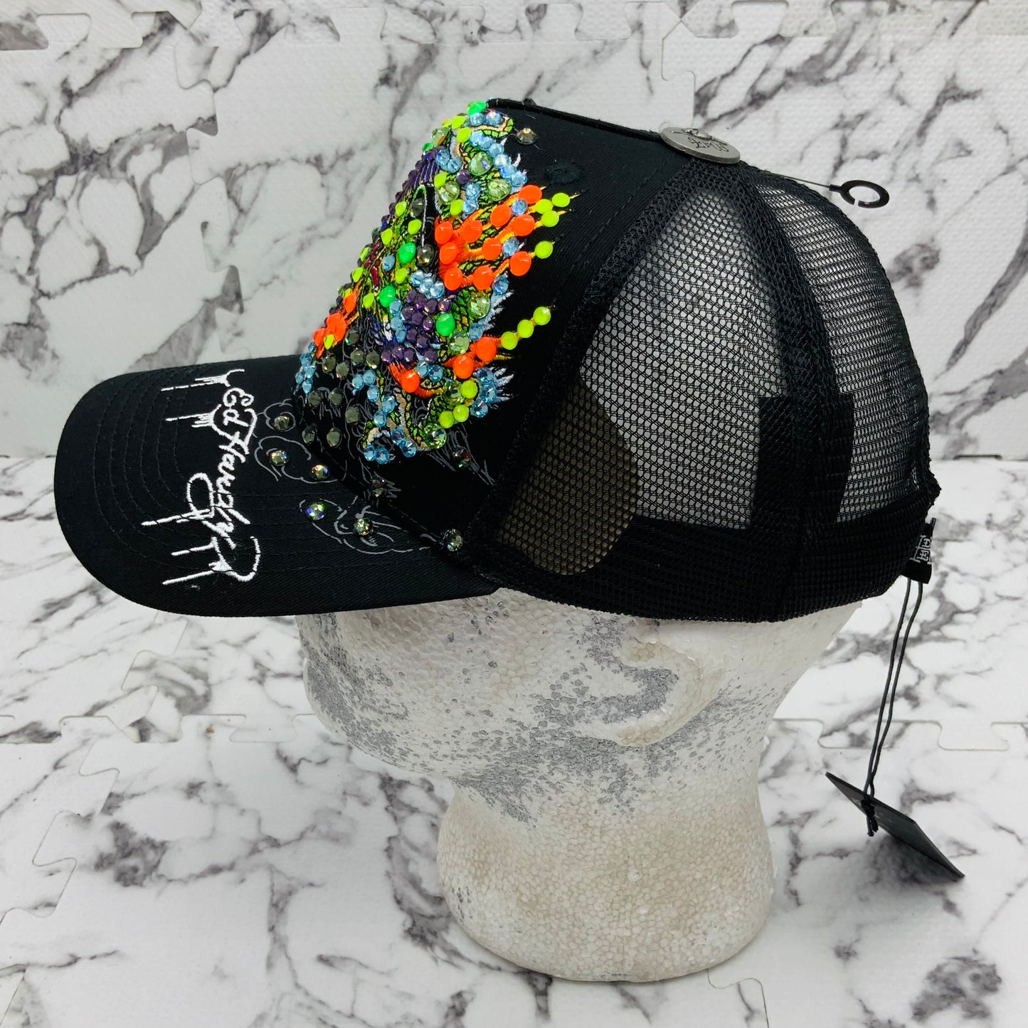 Men's Ed Hardy Dragons Black | Multicolor Rhinestone Trucker Hat NWT