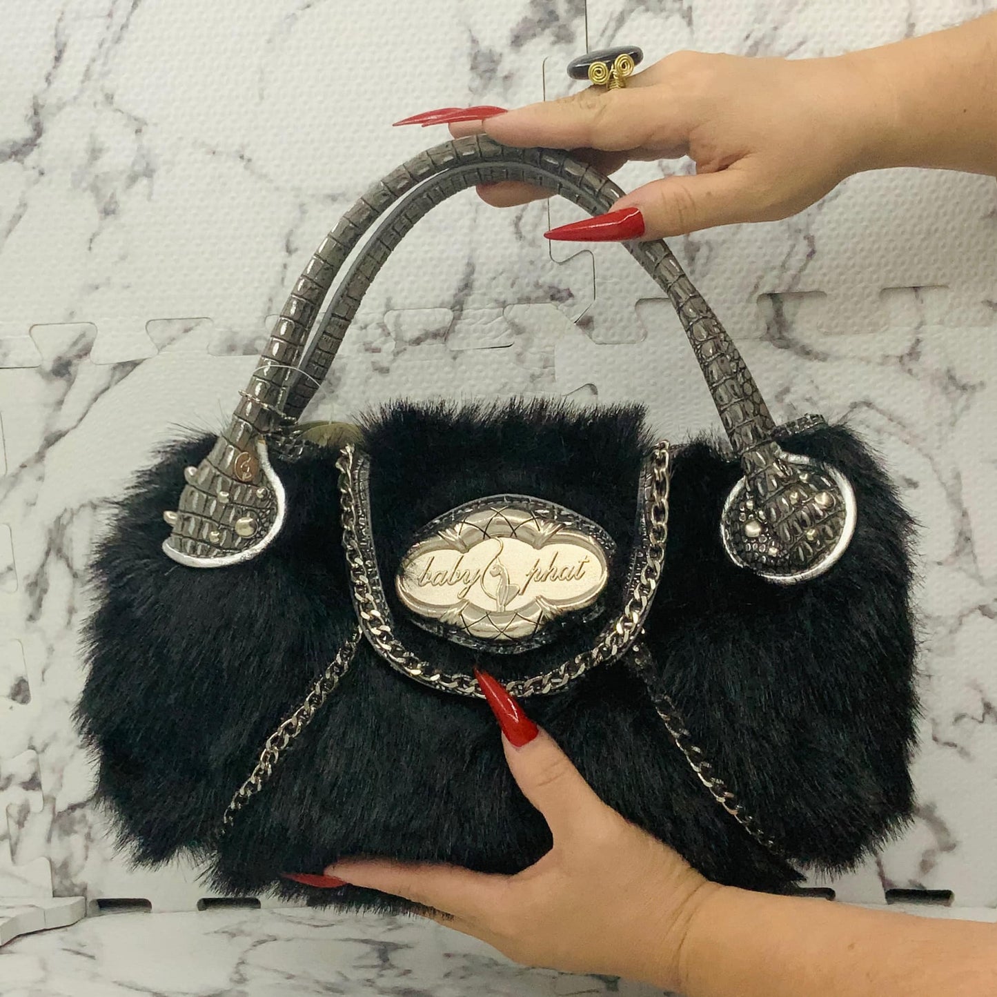SOLD OUT Women’s Baby Phat Black | Silver Faux Fur Handbag NWT