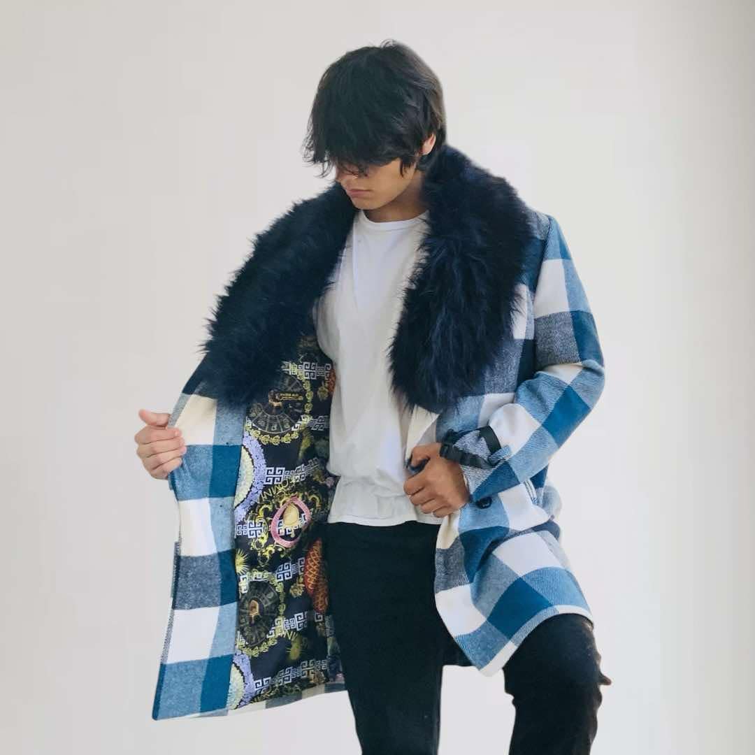 Men's Manzini Blue | White Plaid Faux Fur Casual Overcoat NWT