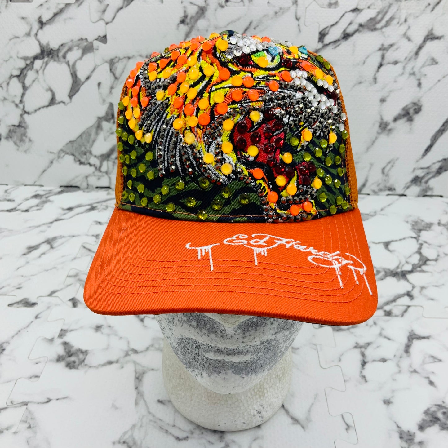 Men's Ed Hardy Tiger Orange | Multicolor Rhinestone Trucker Hat NWT