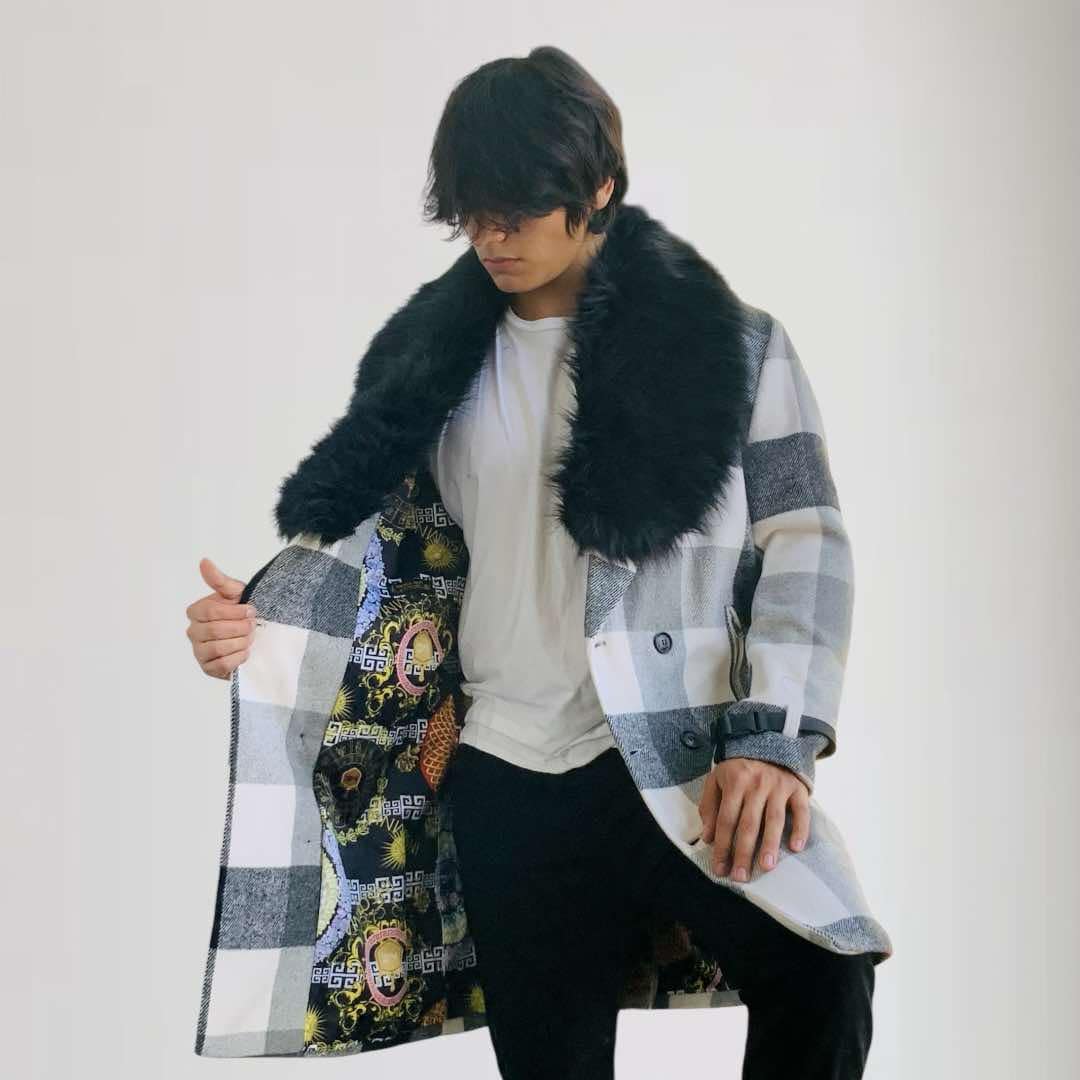 Men's Manzini Black | White Plaid Faux Fur Casual Overcoat NWT