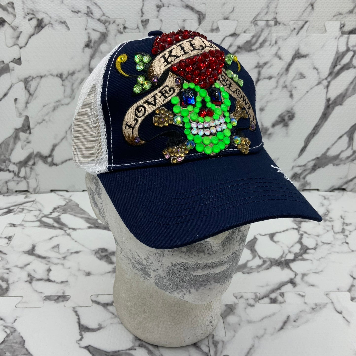 Men's Ed Hardy Love Kills Slowly Navy | White | Lime Green Rhinestone Trucker Hat NWT