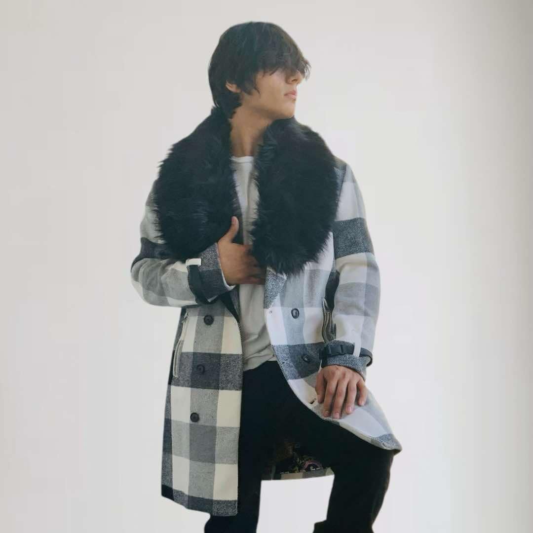 Men's Manzini Black | White Plaid Faux Fur Casual Overcoat NWT