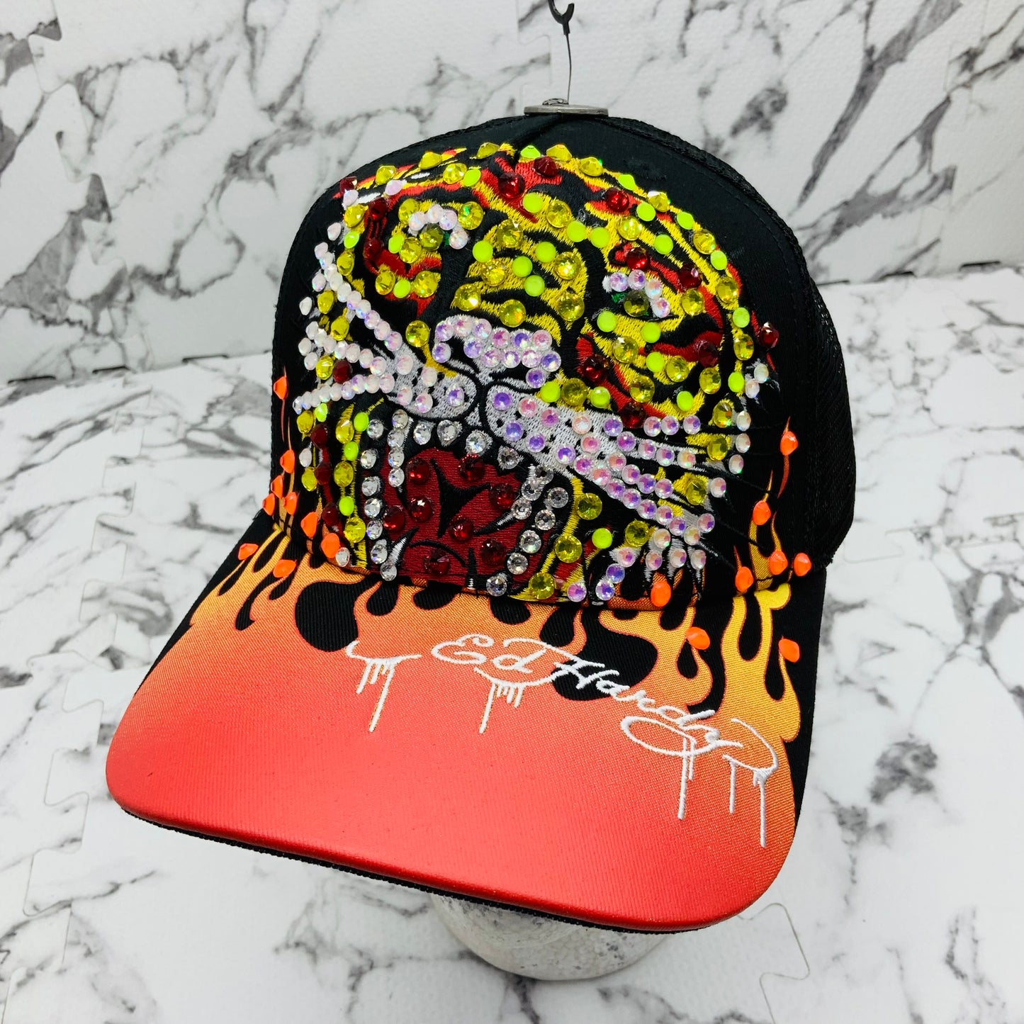 Men's Ed Hardy Tiger Black | Orange | Multicolor Rhinestone Trucker Hat NWT
