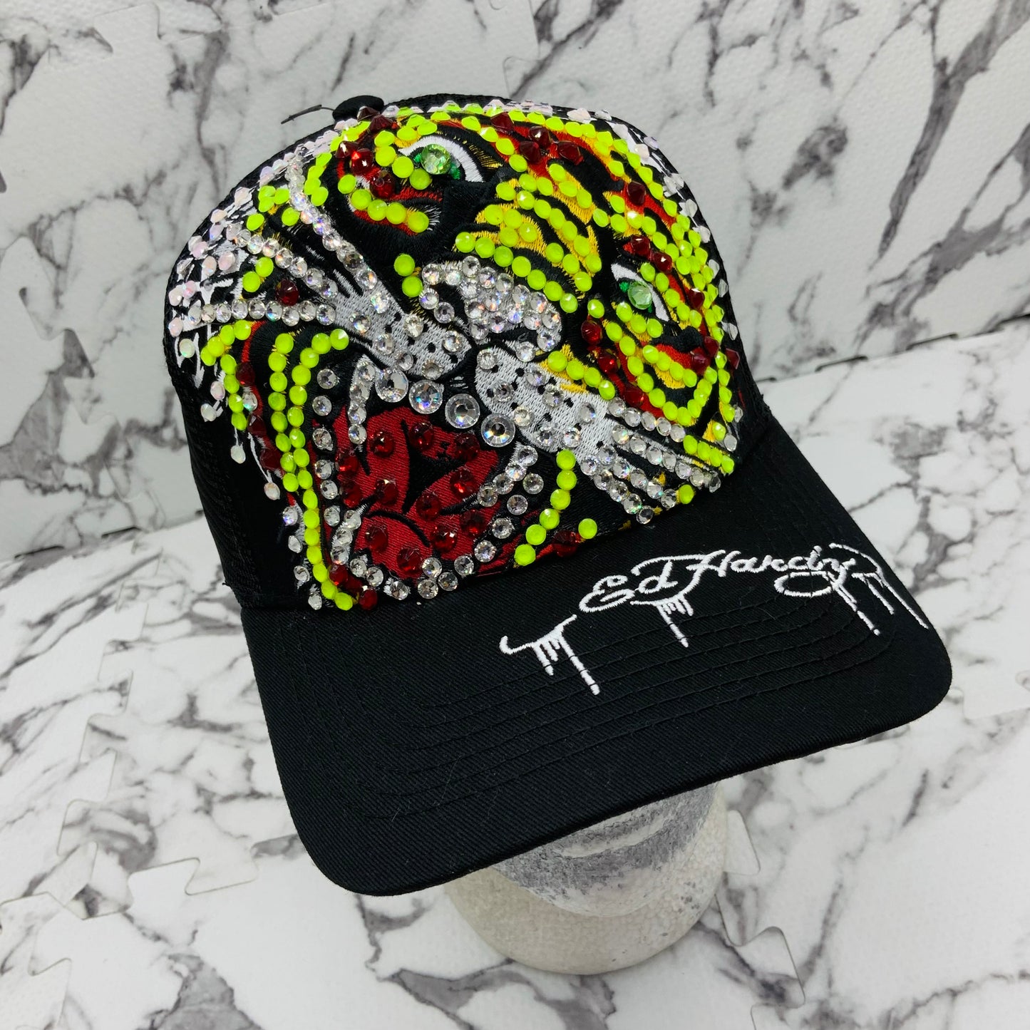 Men's Ed Hardy Tiger Black | Lime Green | Red Rhinestone Trucker Hat NWT