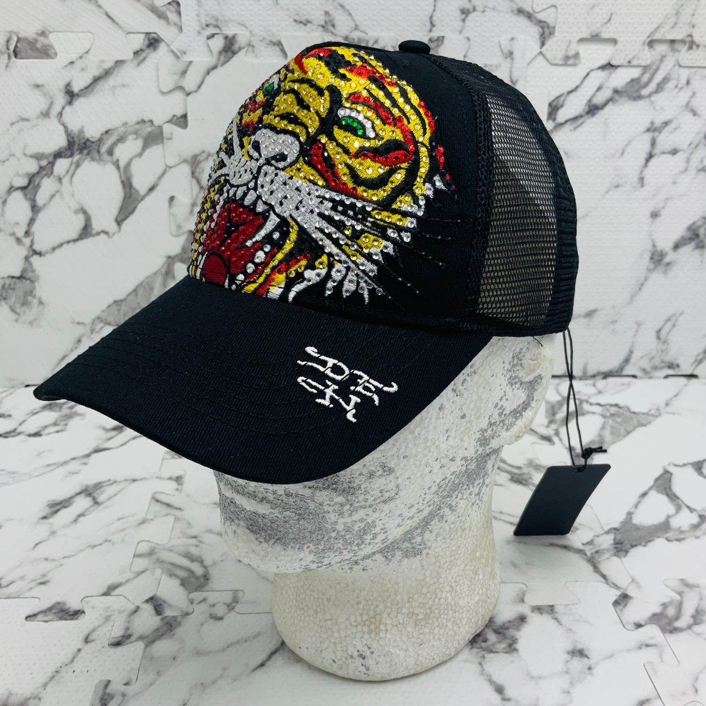 Men's Ed Hardy Tiger Black | Yellow | Red Rhinestone Trucker Hat NWT
