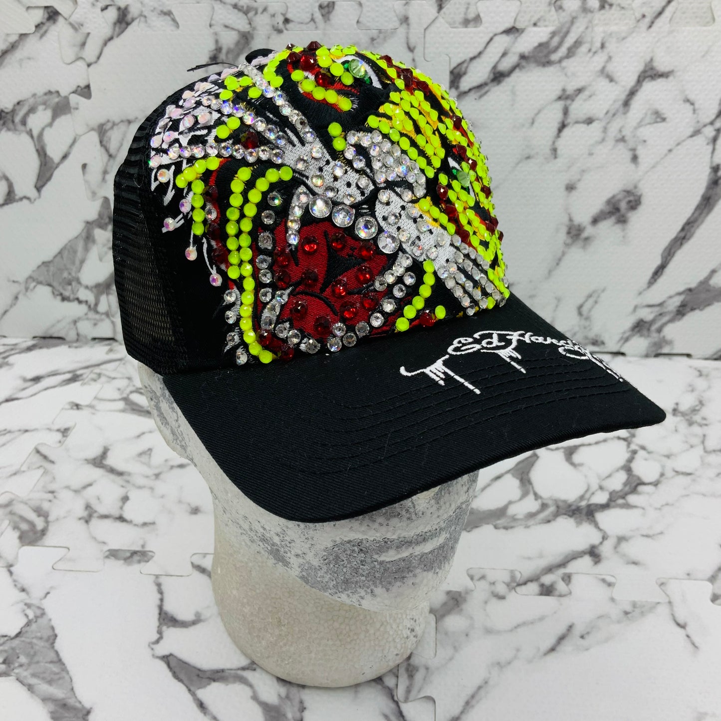 Men's Ed Hardy Tiger Black | Lime Green | Red Rhinestone Trucker Hat NWT