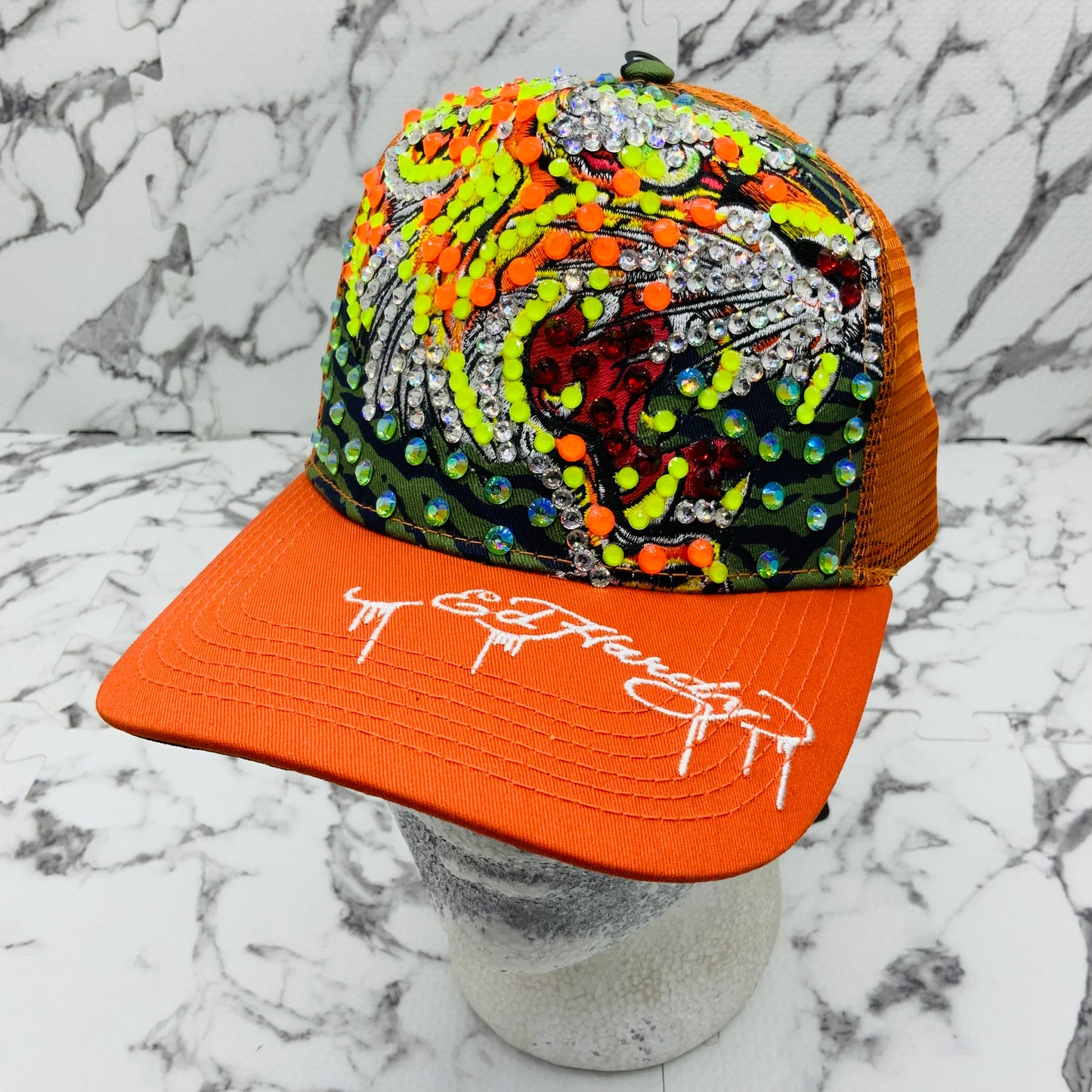 Men's Ed Hardy Tiger Orange | Multicolor Rhinestone Trucker Hat NWT