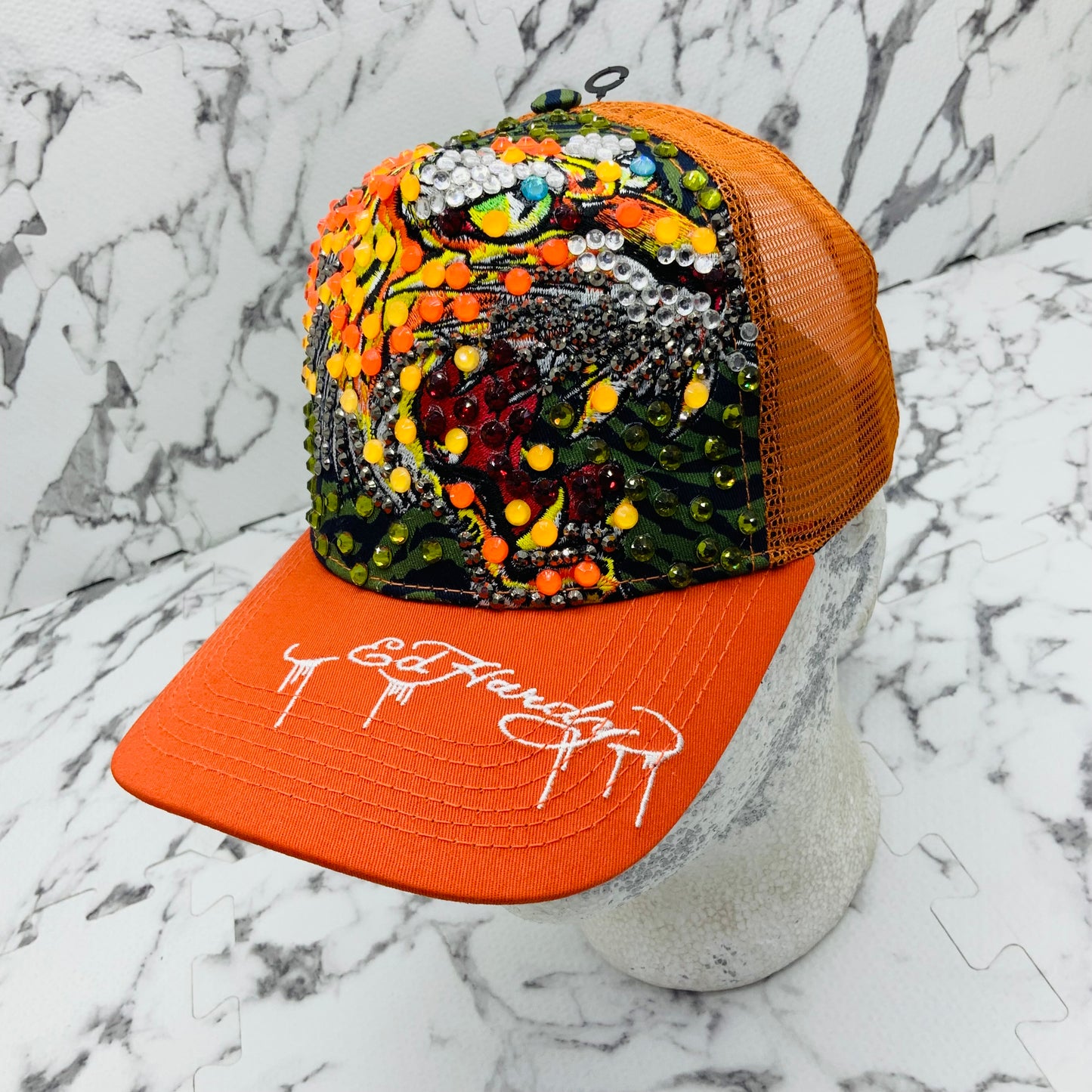 Men's Ed Hardy Tiger Orange | Multicolor Rhinestone Trucker Hat NWT