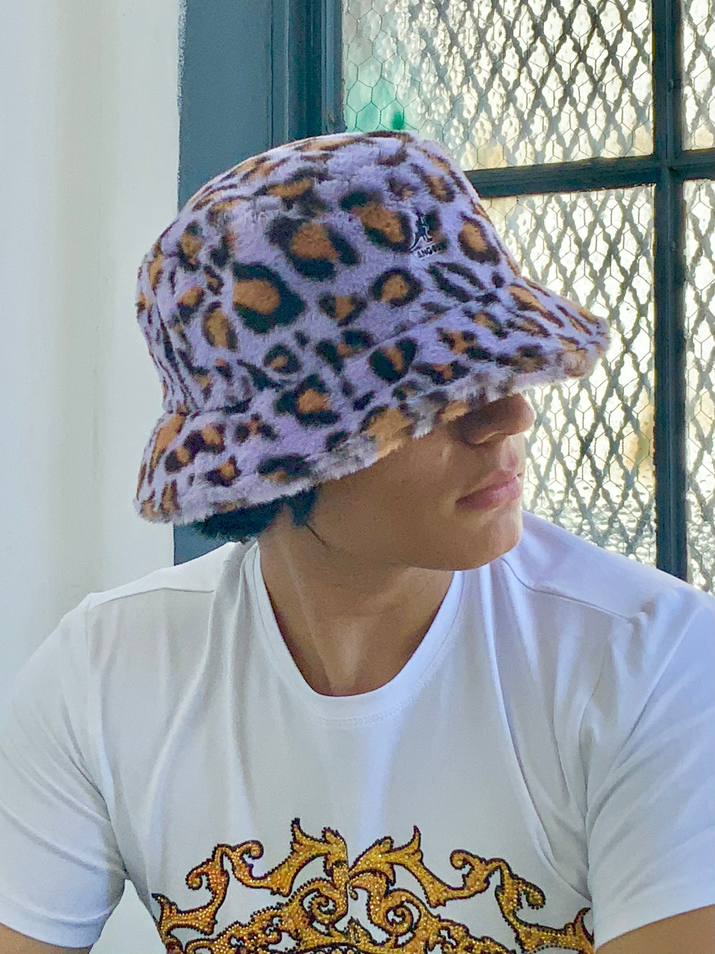 Men's Kangol Lavender Faux Fur Animal Print Bucket Hat NWT