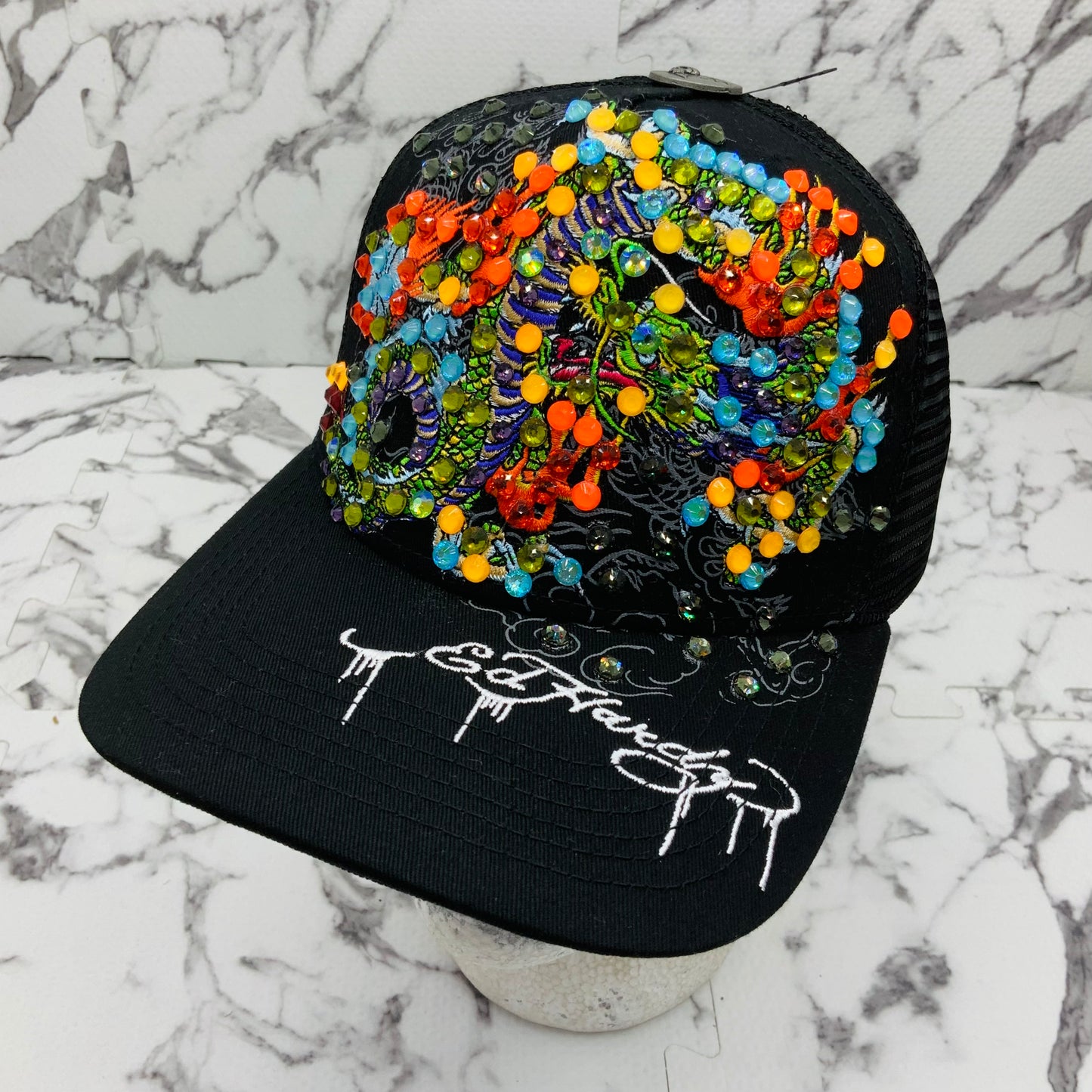 Men's Ed Hardy Dragons Black | Multicolor Rhinestone Trucker Hat NWT