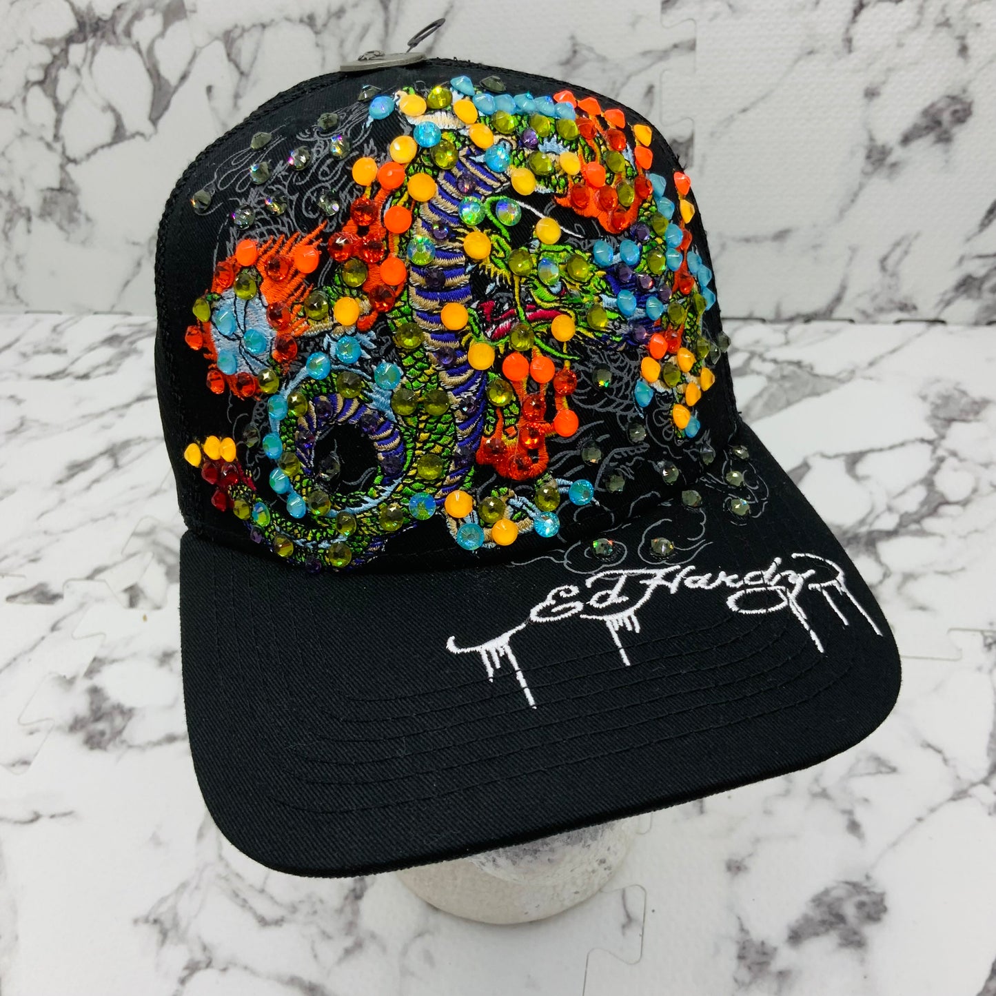 Men's Ed Hardy Dragons Black | Multicolor Rhinestone Trucker Hat NWT