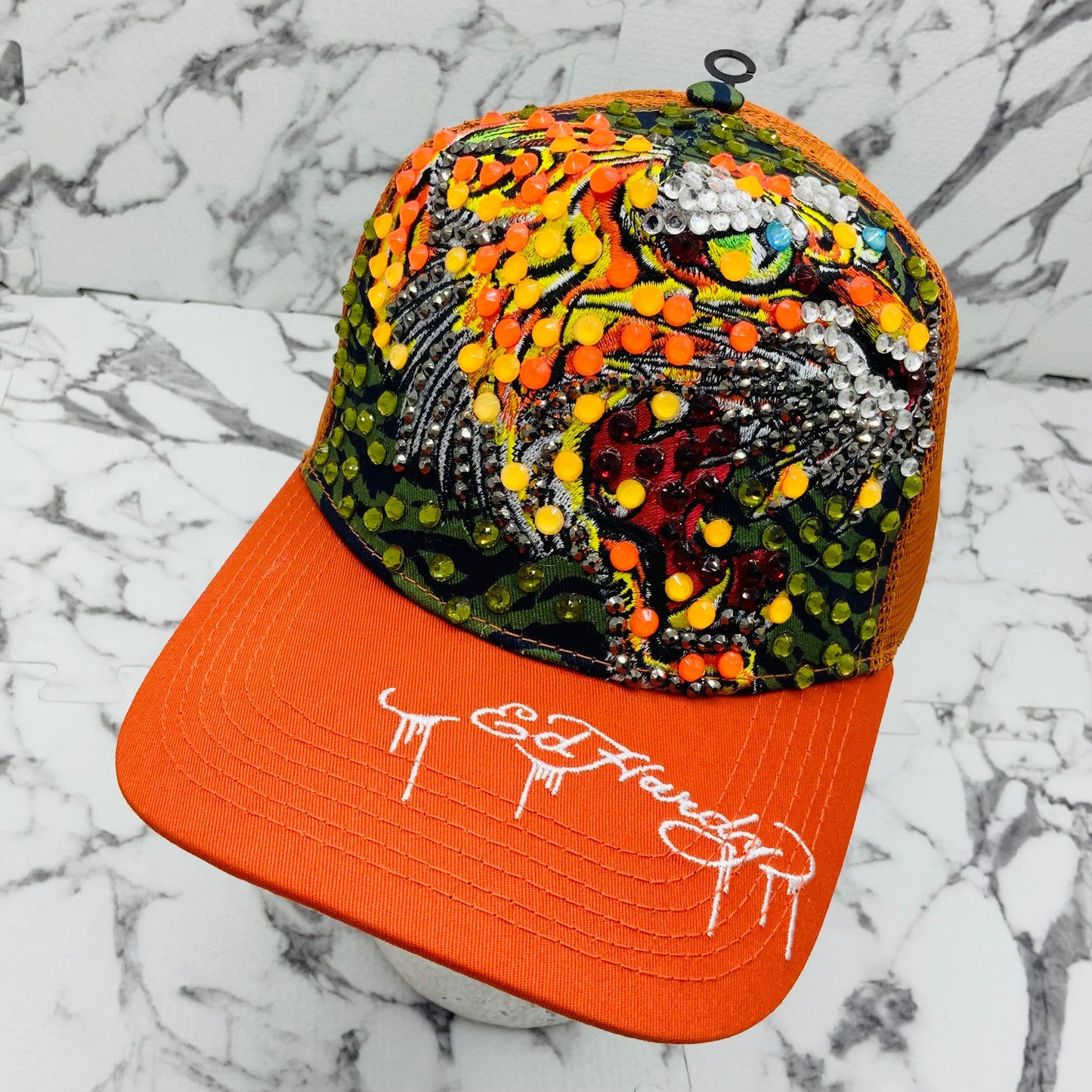 Men's Ed Hardy Tiger Orange | Multicolor Rhinestone Trucker Hat NWT