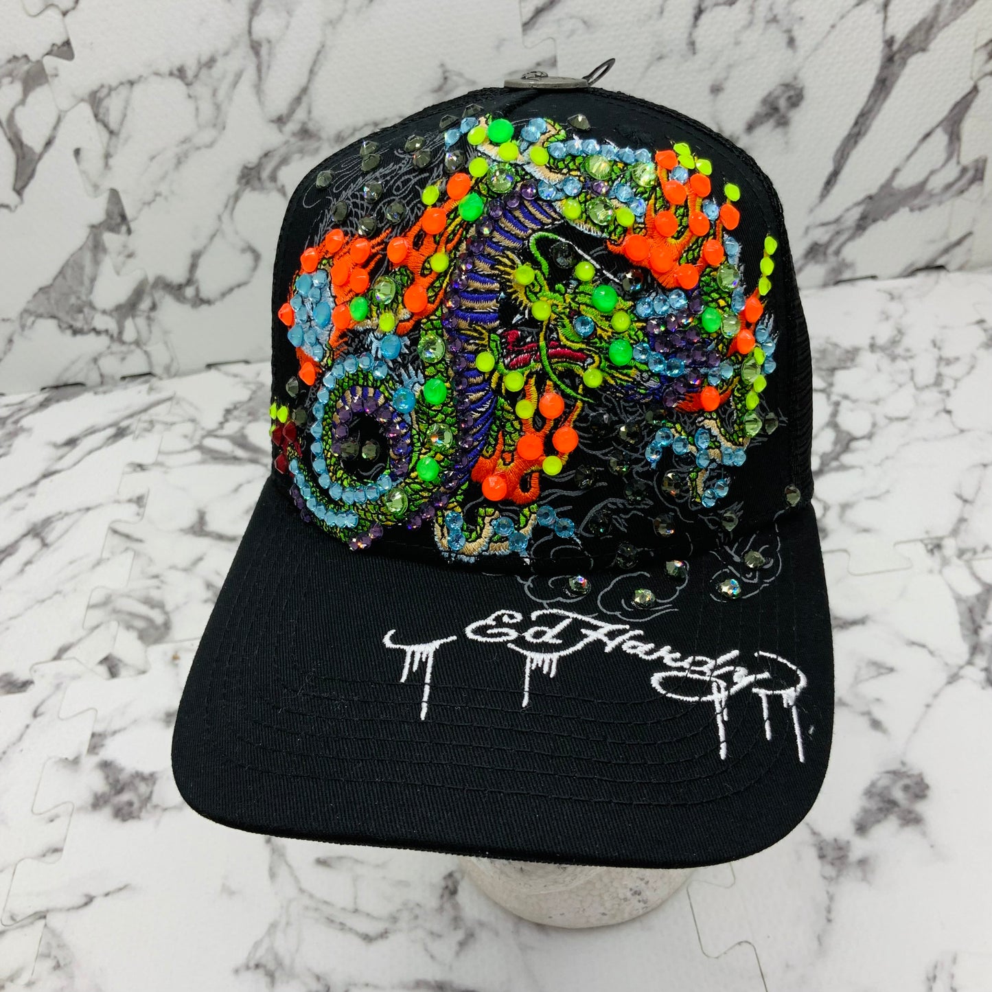 Men's Ed Hardy Dragons Black | Multicolor Rhinestone Trucker Hat NWT