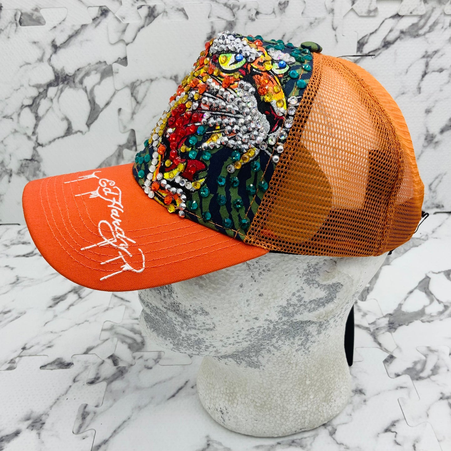 Men's Ed Hardy Tiger Orange | Multicolor Rhinestone Trucker Hat NWT