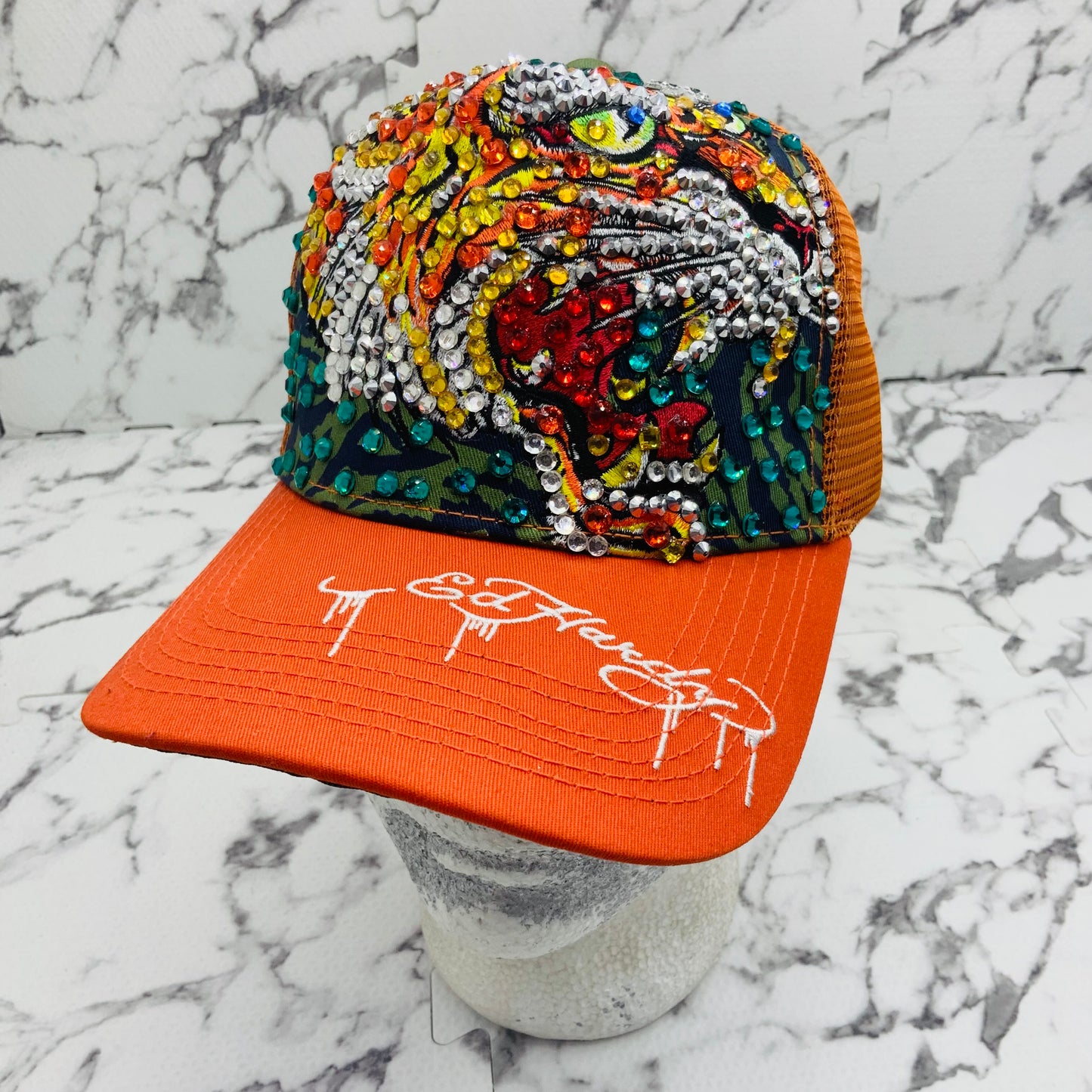 Men's Ed Hardy Tiger Orange | Multicolor Rhinestone Trucker Hat NWT