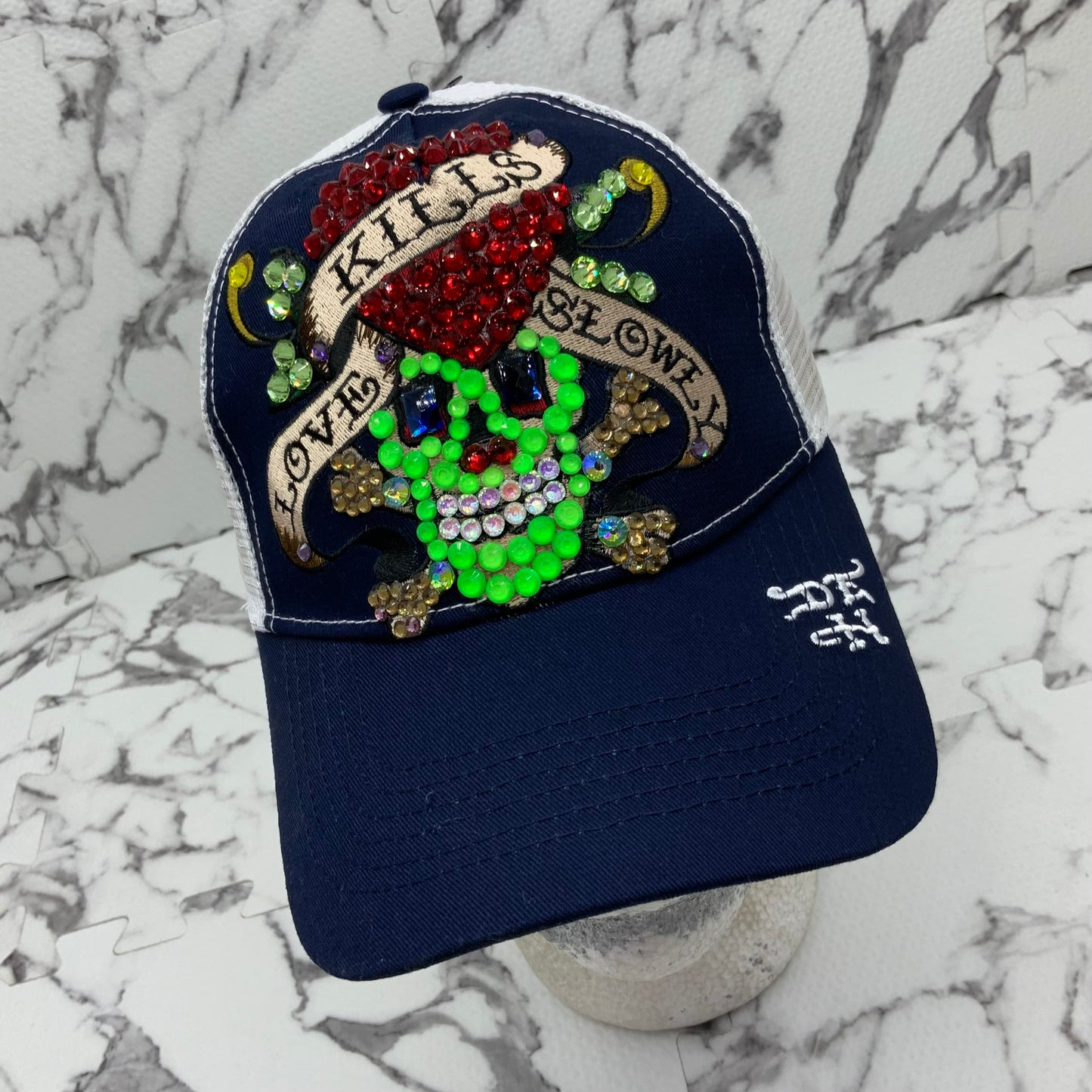 Men's Ed Hardy Love Kills Slowly Navy | White | Lime Green Rhinestone Trucker Hat NWT