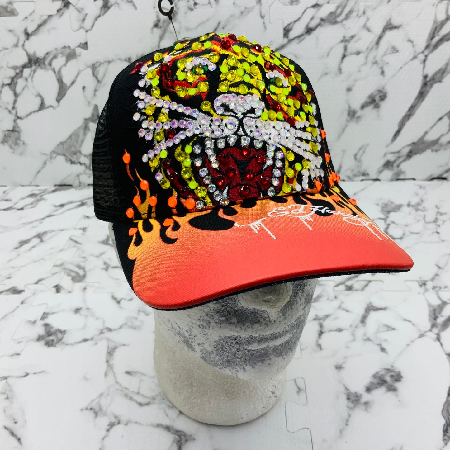 Men's Ed Hardy Tiger Black | Orange | Multicolor Rhinestone Trucker Hat NWT