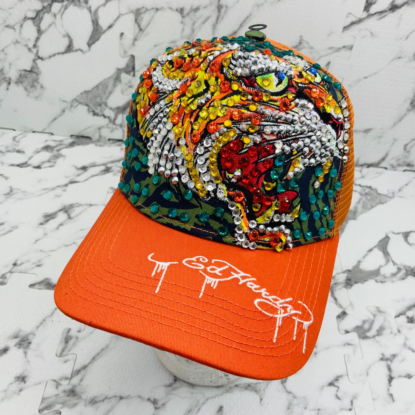 Men's Ed Hardy Tiger Orange | Multicolor Rhinestone Trucker Hat NWT