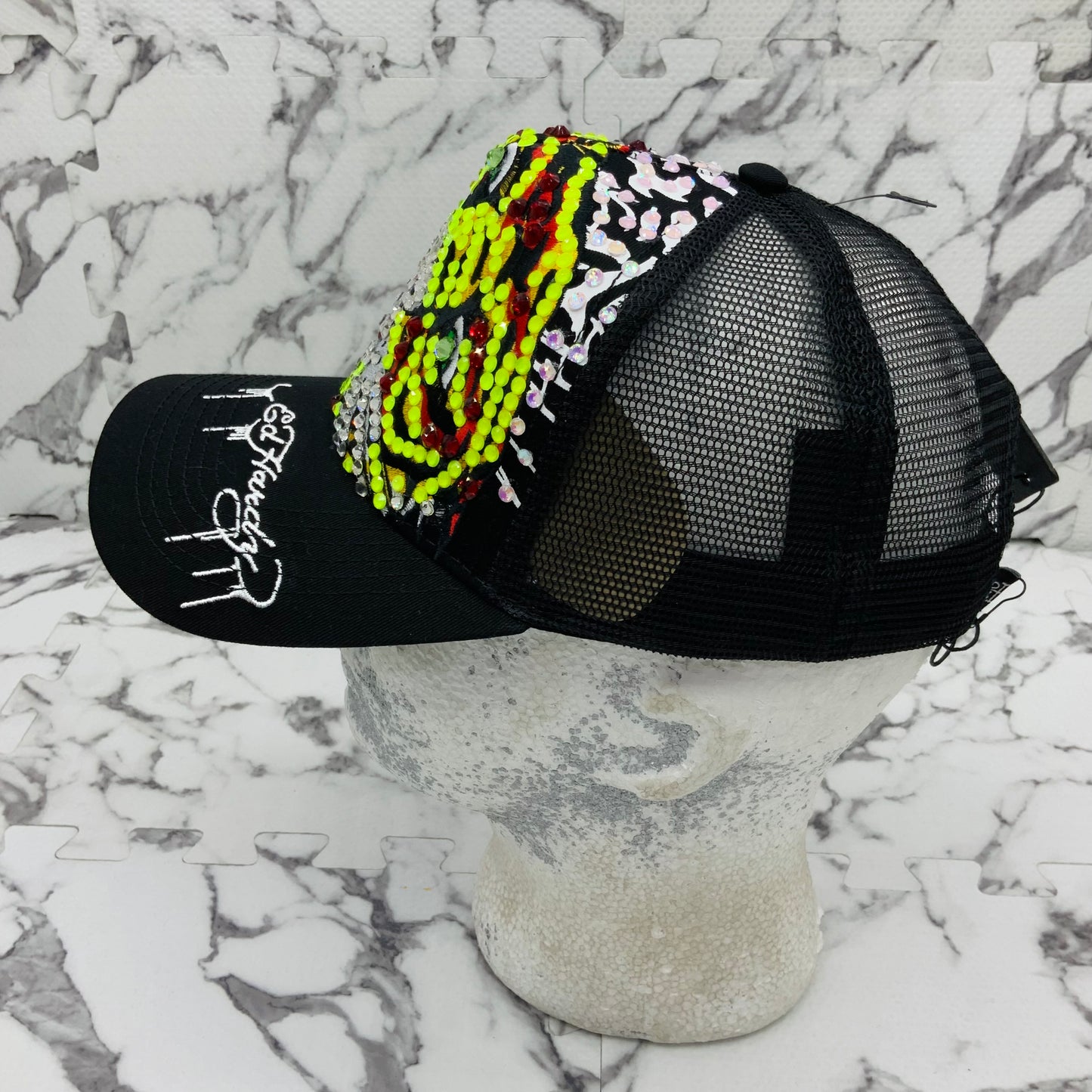 Men's Ed Hardy Tiger Black | Lime Green | Red Rhinestone Trucker Hat NWT
