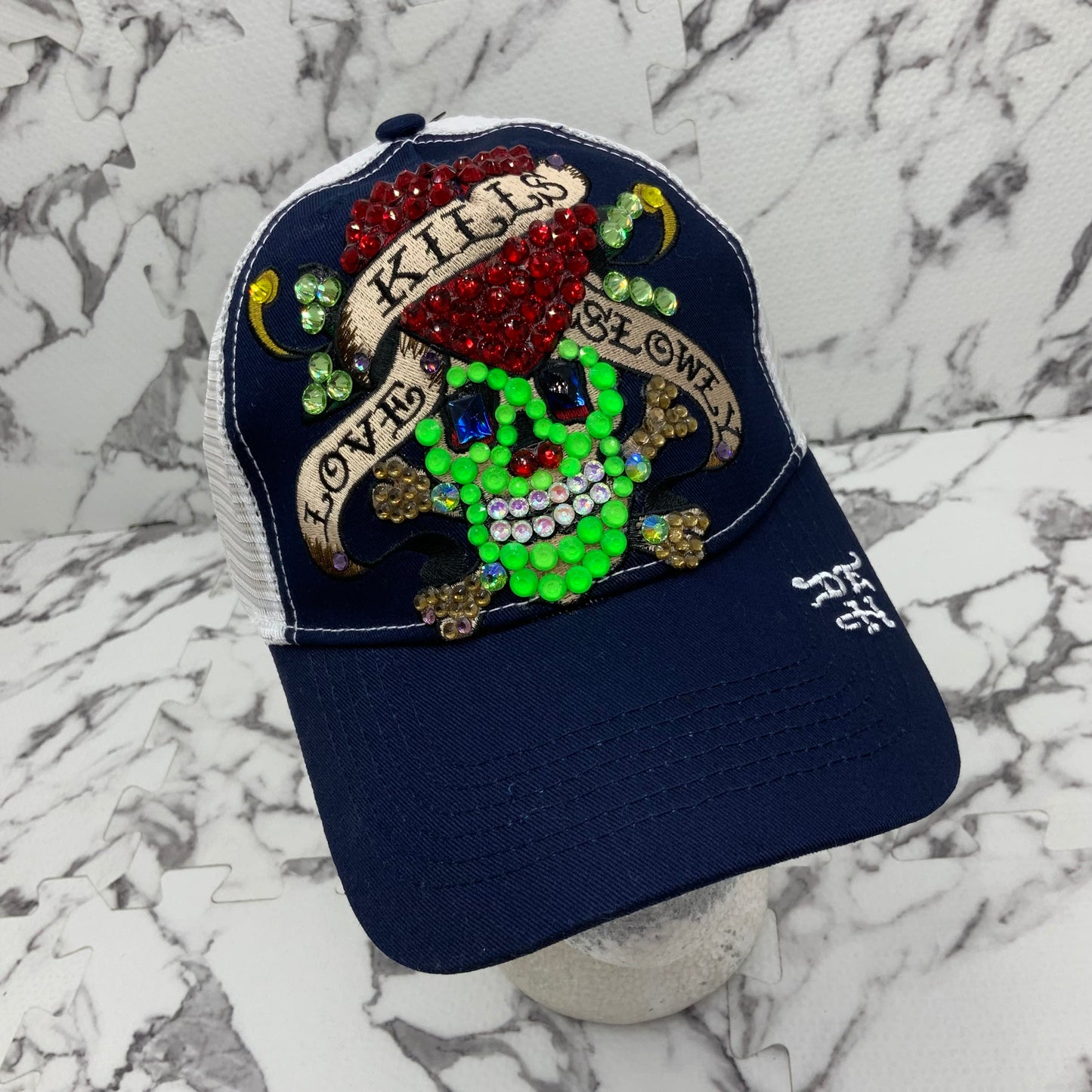 Men's Ed Hardy Love Kills Slowly Navy | White | Lime Green Rhinestone Trucker Hat NWT