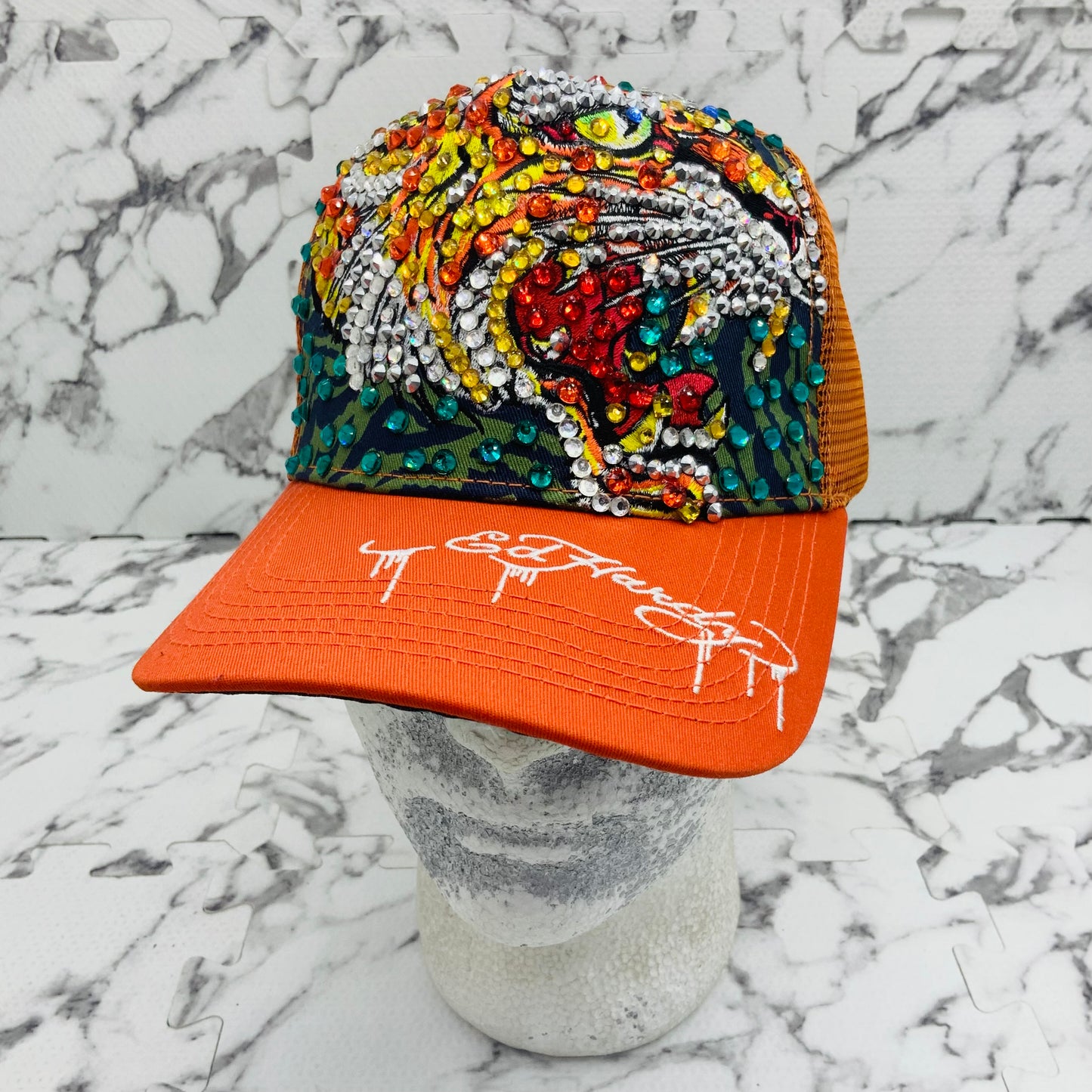 Men's Ed Hardy Tiger Orange | Multicolor Rhinestone Trucker Hat NWT