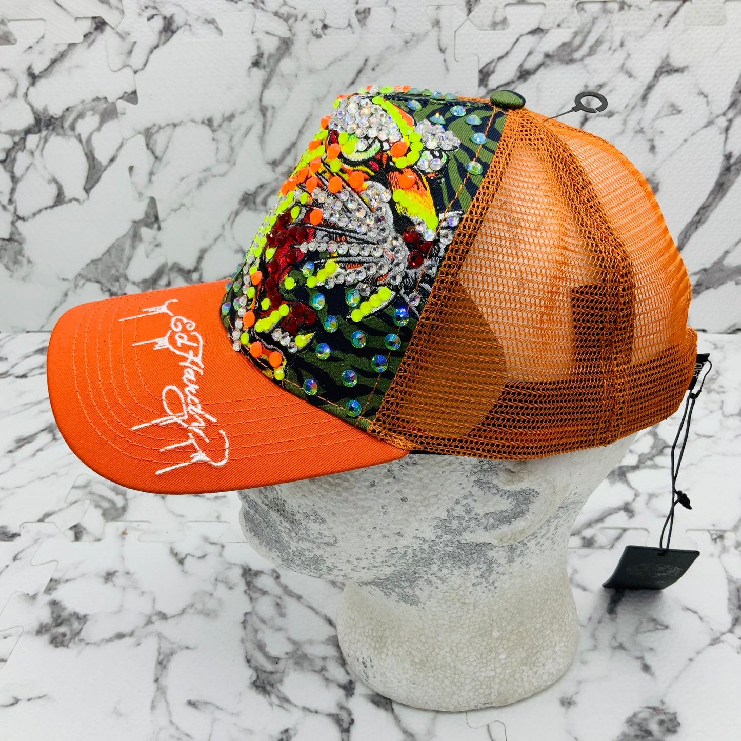 Men's Ed Hardy Tiger Orange | Multicolor Rhinestone Trucker Hat NWT