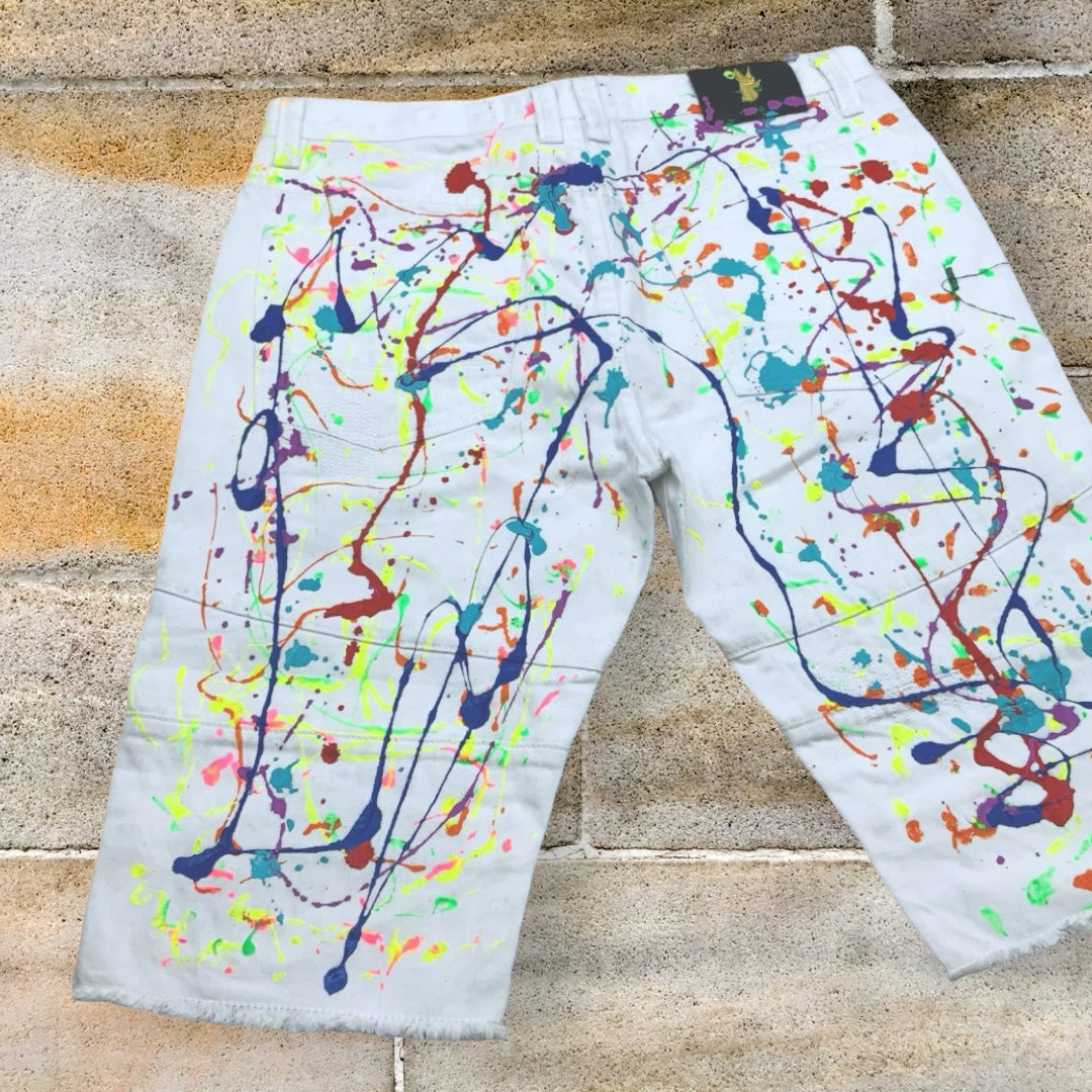 Men's Makobi White All Over Hand-Painted Denim Shorts NWT