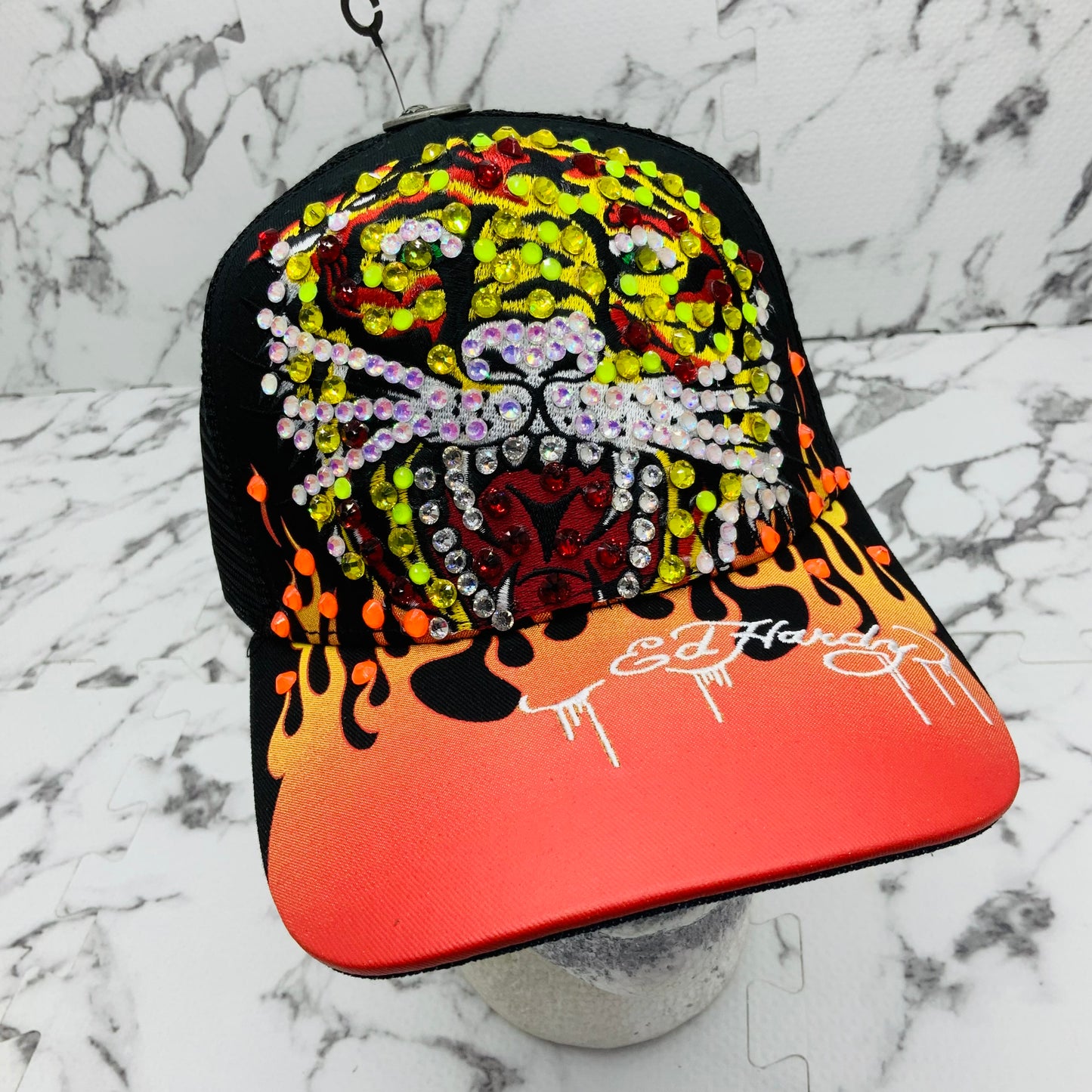 Men's Ed Hardy Tiger Black | Orange | Multicolor Rhinestone Trucker Hat NWT