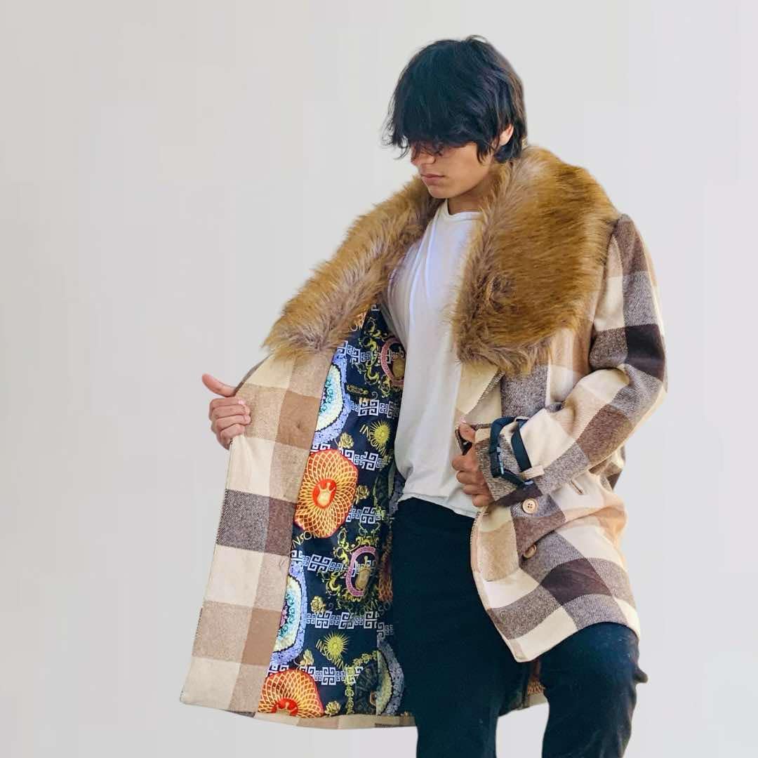 Men's Manzini Brown | Tan Plaid Faux Fur Casual Overcoat NWT